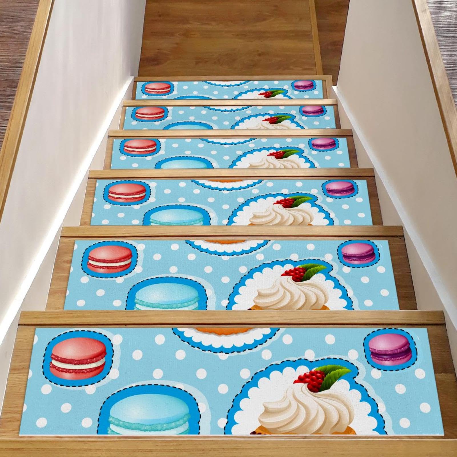 Alfombrillas antideslizantes de escalera lavables con diseños de postres para peldaños madera