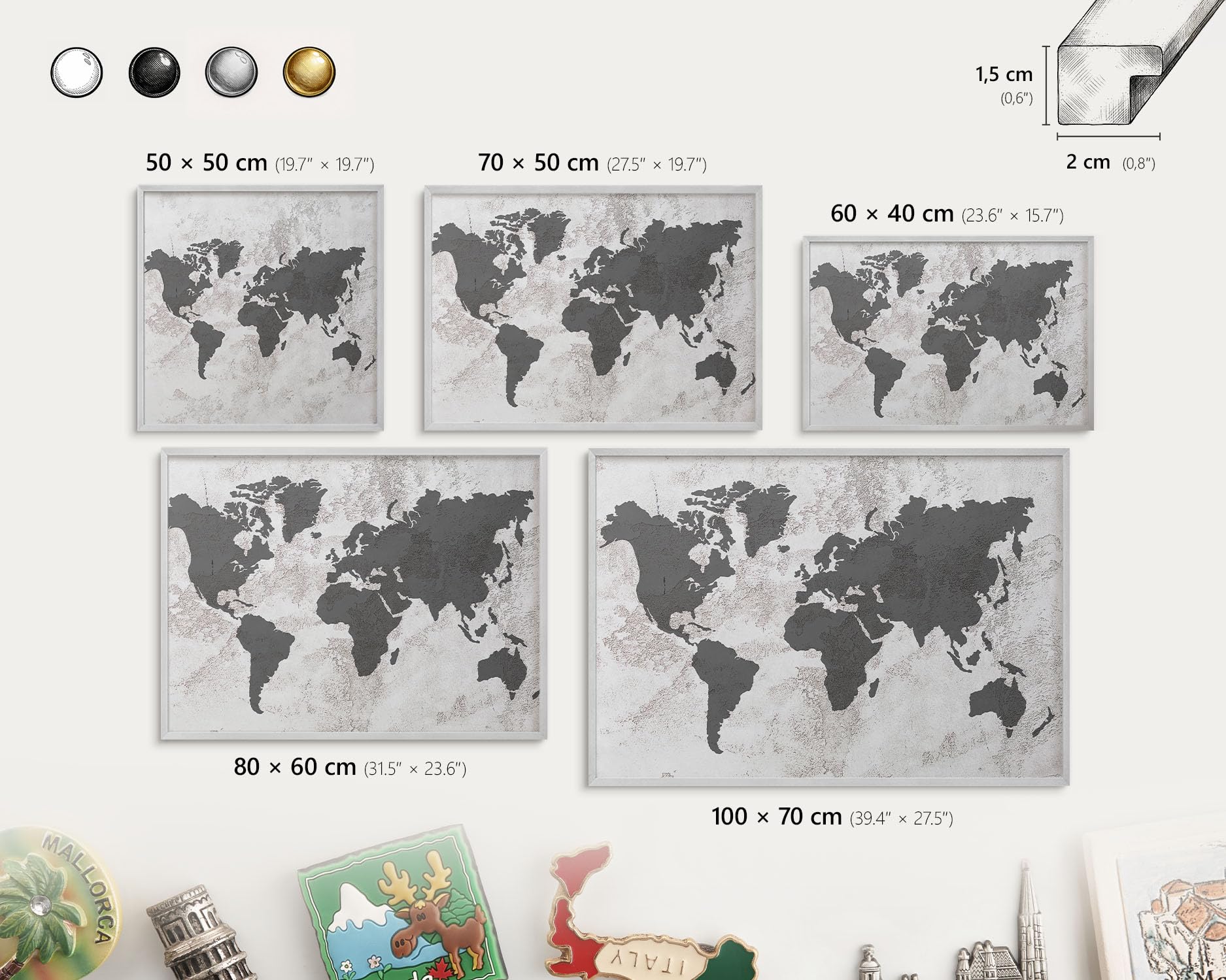 Pizarra de Menú para Restaurantes 50x50 Mappa del mondo Marco Plateado