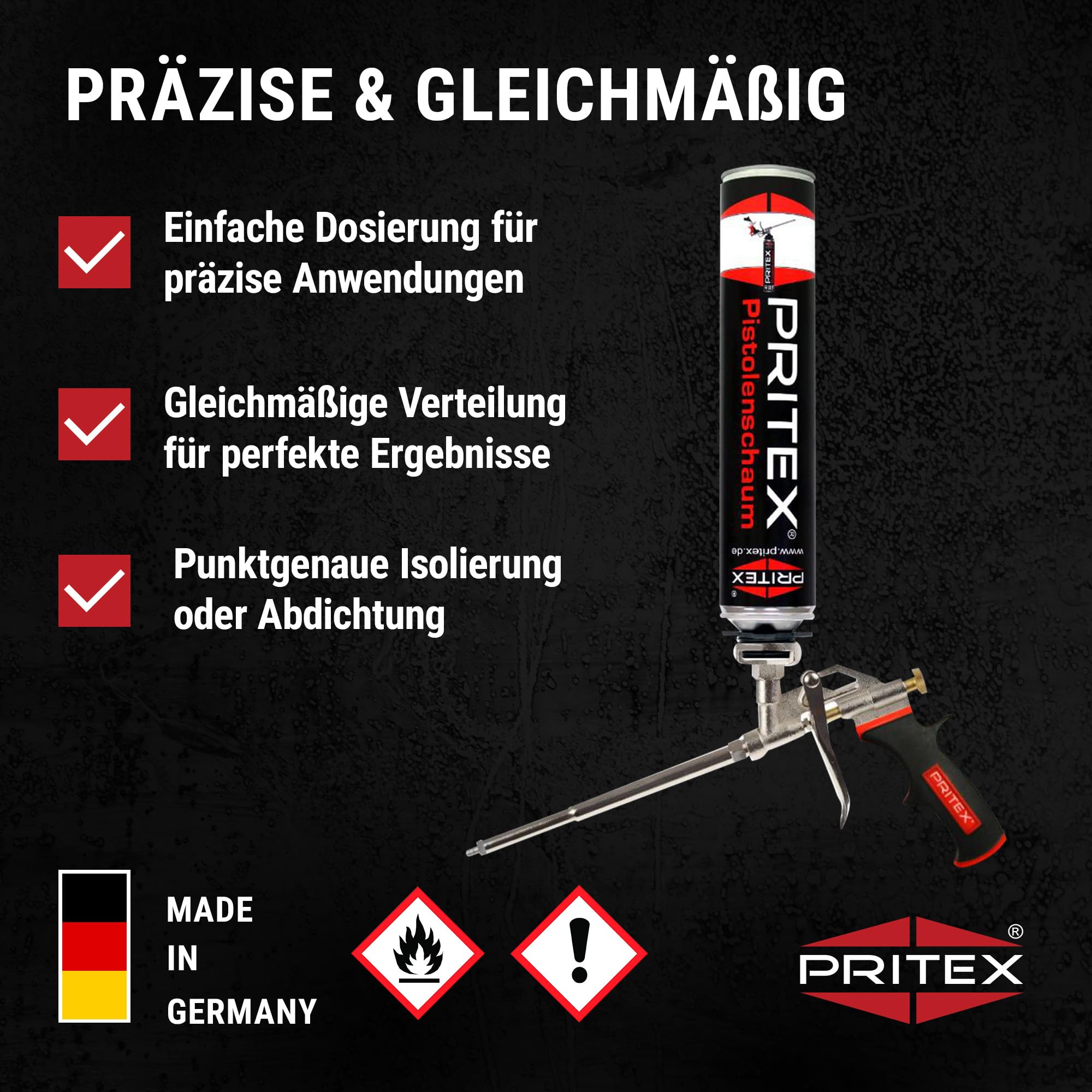PRITEX – 1 x Schaumpistole inkl. Düsenverlängerung – Bauschaumpistole für Pistolenschaum, Bauschaum, Montageschaum uvm. – Metallpistole mit gummiertem Handgriff – Montagepistole für präzise Dosierung