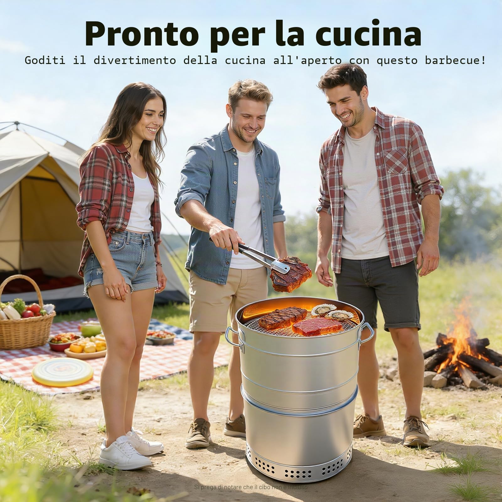 Barbecue verticale portatile a carbonella, senza fumo a 360° per esterni, con 50 spiedini, griglia a barile, griglia per barbecue, cucina all'aperto e viaggi