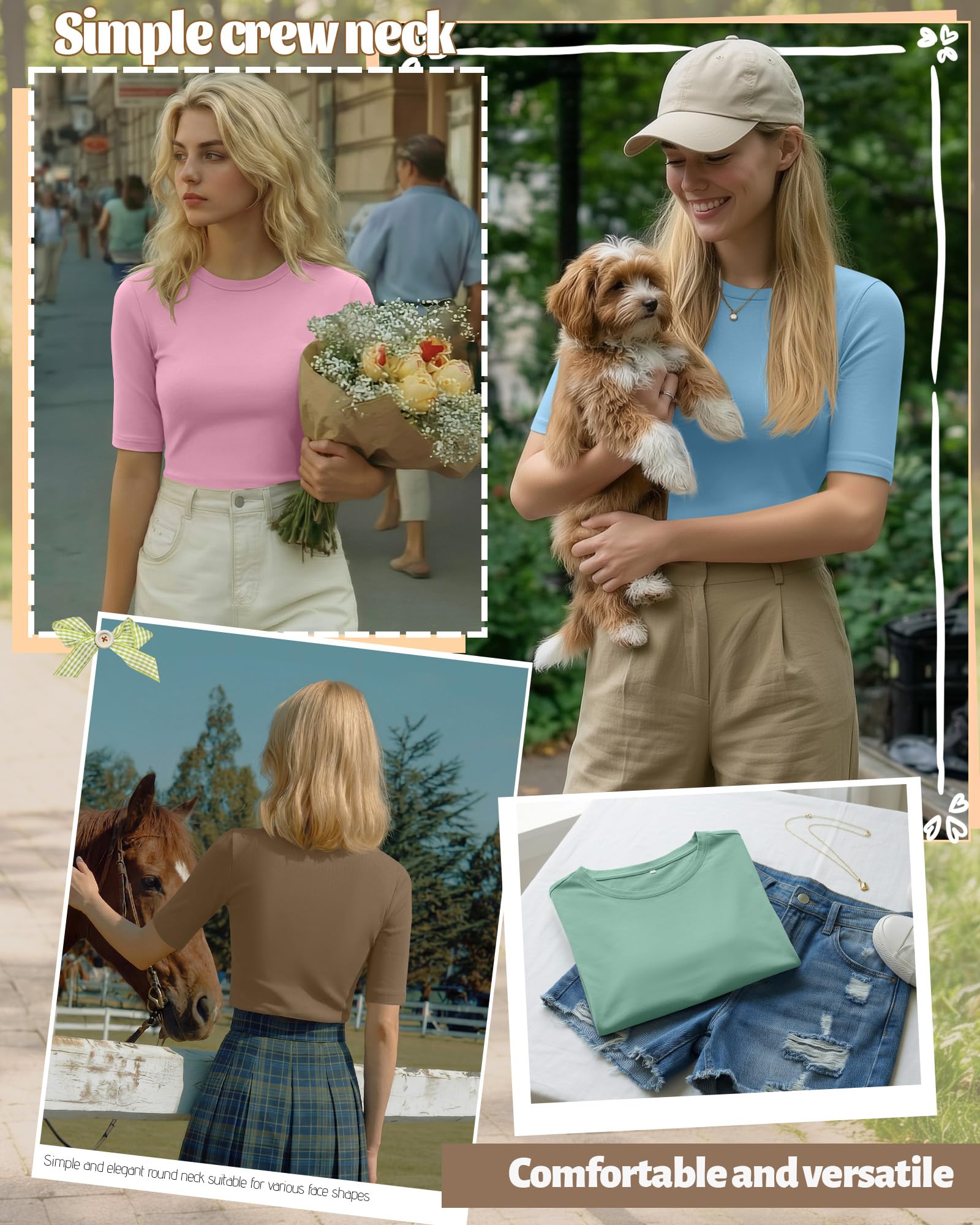 Neer Confezione da 4 Magliette da Donna con Mezze Maniche, Lunghezza ai Gomiti, vestibilità Aderente, Scollo Rotondo, 1/2 Maniche, estive, Basic | Camicie slim fit a mezza manica, maglietta di base elastica leggera, abbigliamento da ufficio, abbigliamento