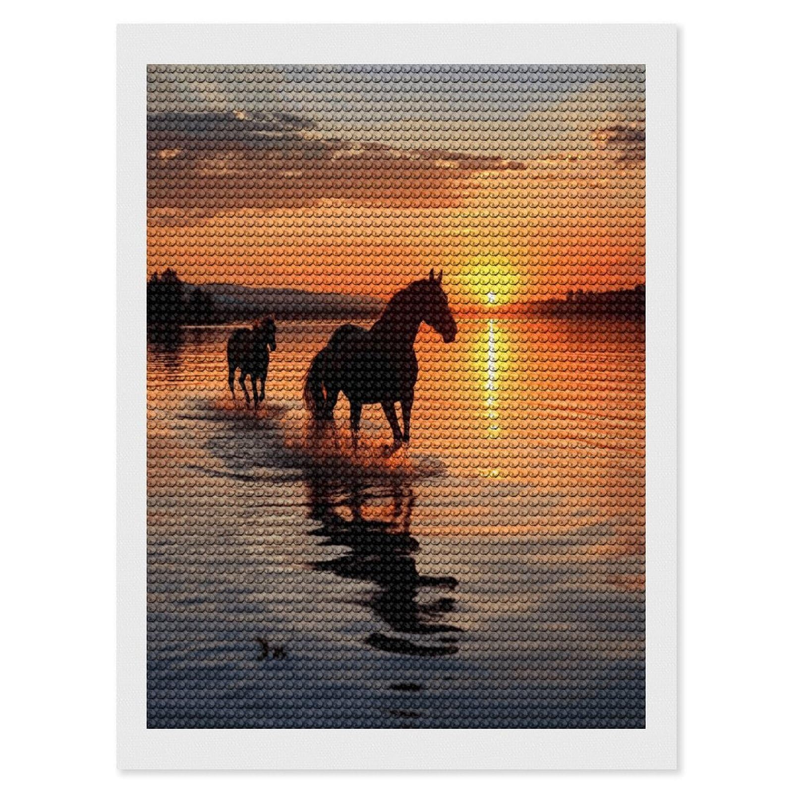 JTREHY Sunsets Lake Horses Diamond Art Kits Personalized DIY Round Diamond Painting Kits for Beginner Full Drill Diamonds Dots Paintings for Adults Gem Art Crafts Home Decor