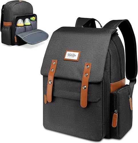 WITSTEP Mochila de pañales para bebé, mochila de viaje impermeable multifunción, Negro -, Vintage