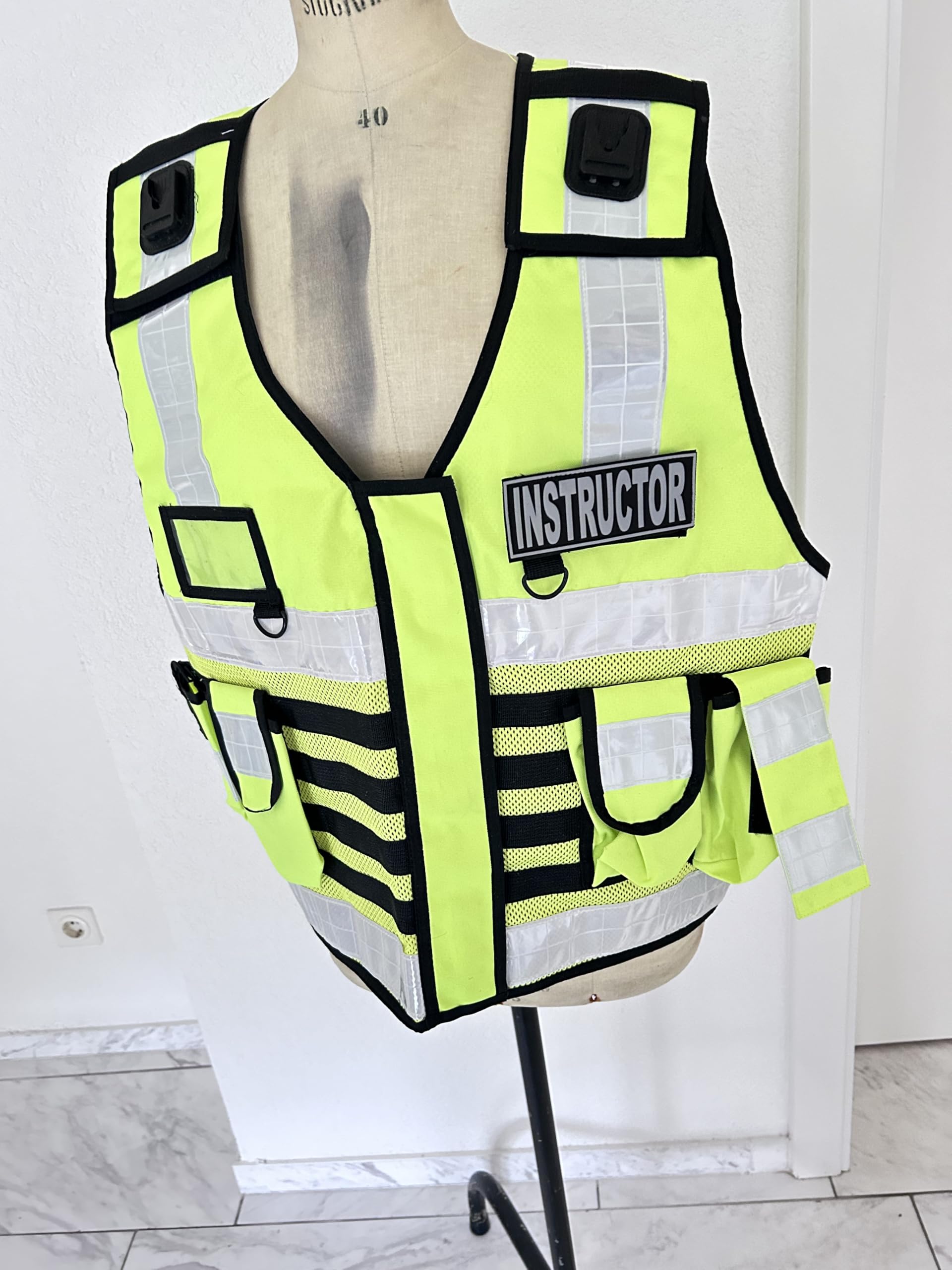 Sicherheitsweste Multifunktionsweste Gelb&Leiste & INSTRUCTOR | Reflektierend, Mit Leiste, 2 Patch INSTRUCTOR, Kennzeichnungsweste, Werkschutz Security