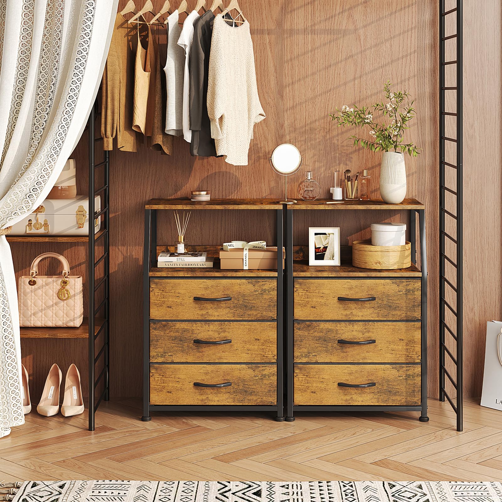 CAIYUN Cómoda, mesita de noche, mesa auxiliar, cómoda con 3 cajones, cómoda para dormitorio, armario, armario de almacenamiento Fácil de montar, estable (Marrón rústico, 3 capas)