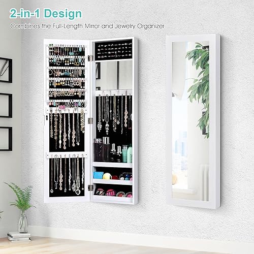 Miniatura 2 de COSTWAY Armario de joyería de espejo de longitud completa, organizador de joyas montado en la puerta de pared con espejo de maquillaje, ranuras para