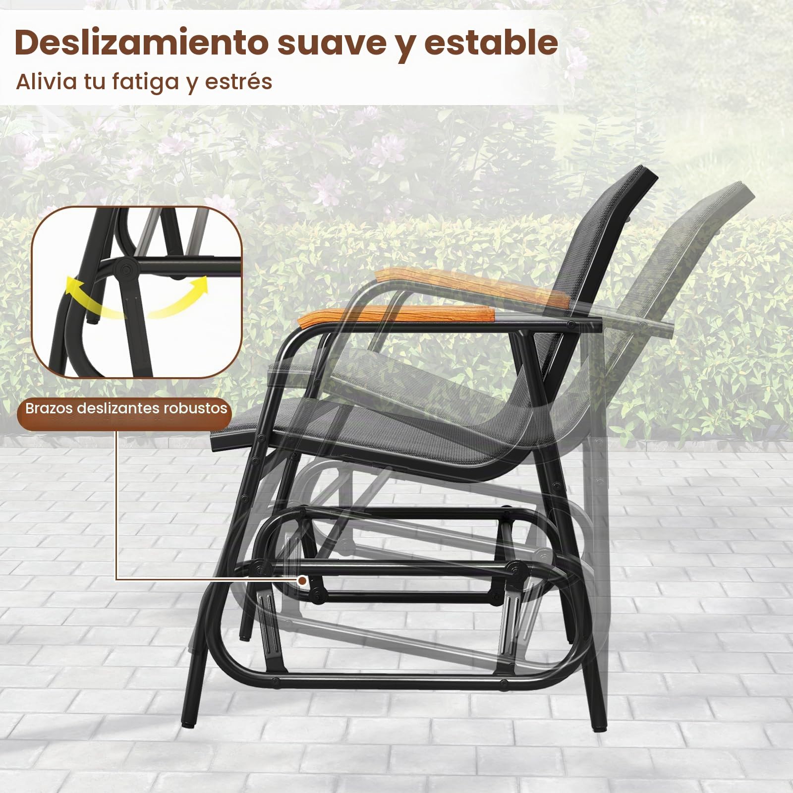 KOMFOTTEU Banco Balancín de 2/3 Plazas, Silla Mecedora de Jardín de Tela con Reposabrazos Curvos de Madera Maciza, Banco de Balanceo con Carga 300/450 kg, para Terraza, Exterior (74 x 169 x 84 cm)