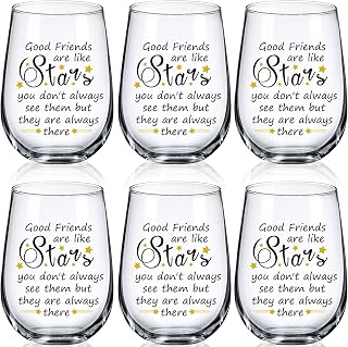 Uiifan 6 Pack 15 oz Friendship Wine Glasses Friend Stemless Glass Gifts for Women Friends BFF for Christmas Birthday Honeymoon Holiday Gifts(Good Friends Are Like Stars)