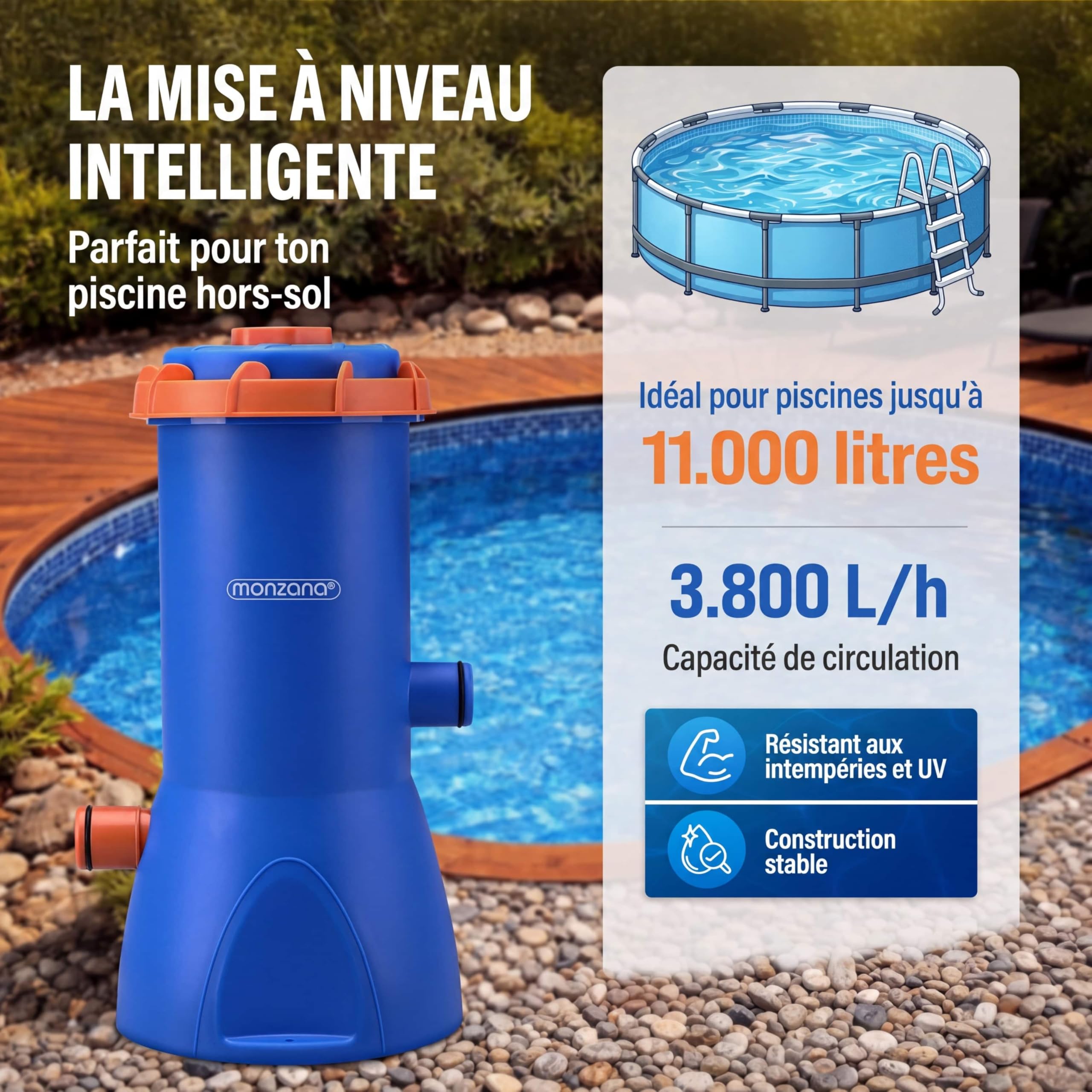 Monzana Pompe de Filtration pour Piscine MZP90 3.800 l/h Puissance 90W Cartouche de Filtration filtrante tuyaux Pompe Piscine Eau