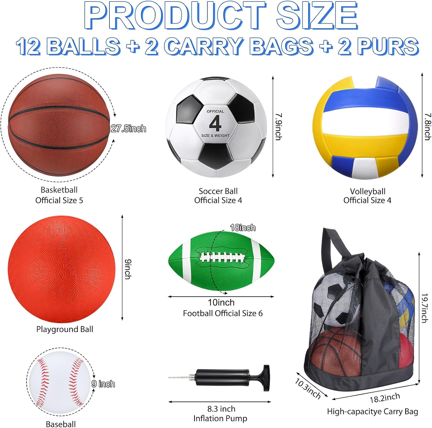 Deekin 12 Pcs Assorted Sport Ball Set for Kids Official Size Basketball Football Volleyball Soccer Baseball Playground Ball with Bag and Pump for Kid Youth Gift Back to School