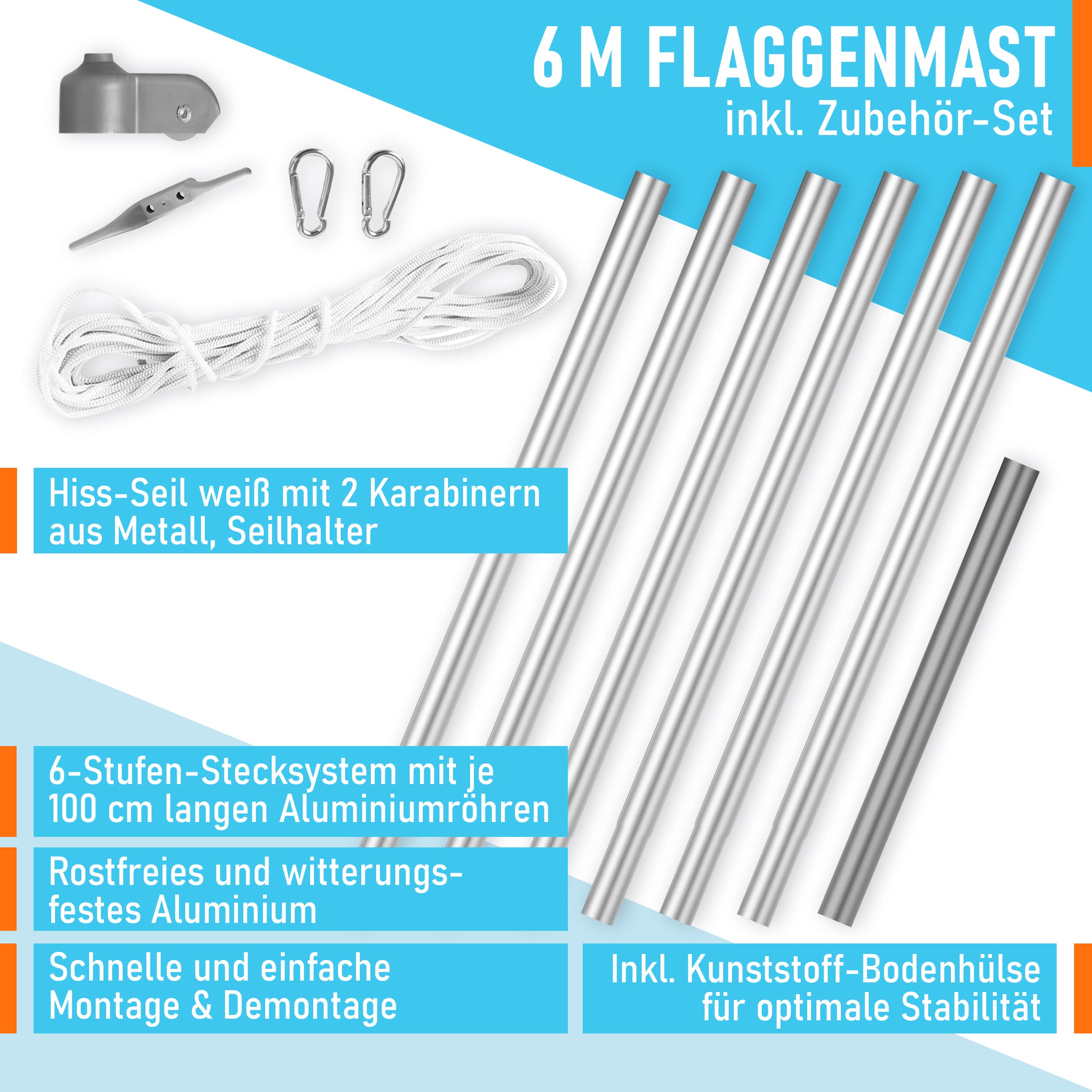 BRUBAKER 6 m Aluminium Fahnenmast inkl. Deutschland Flagge und Solar Licht