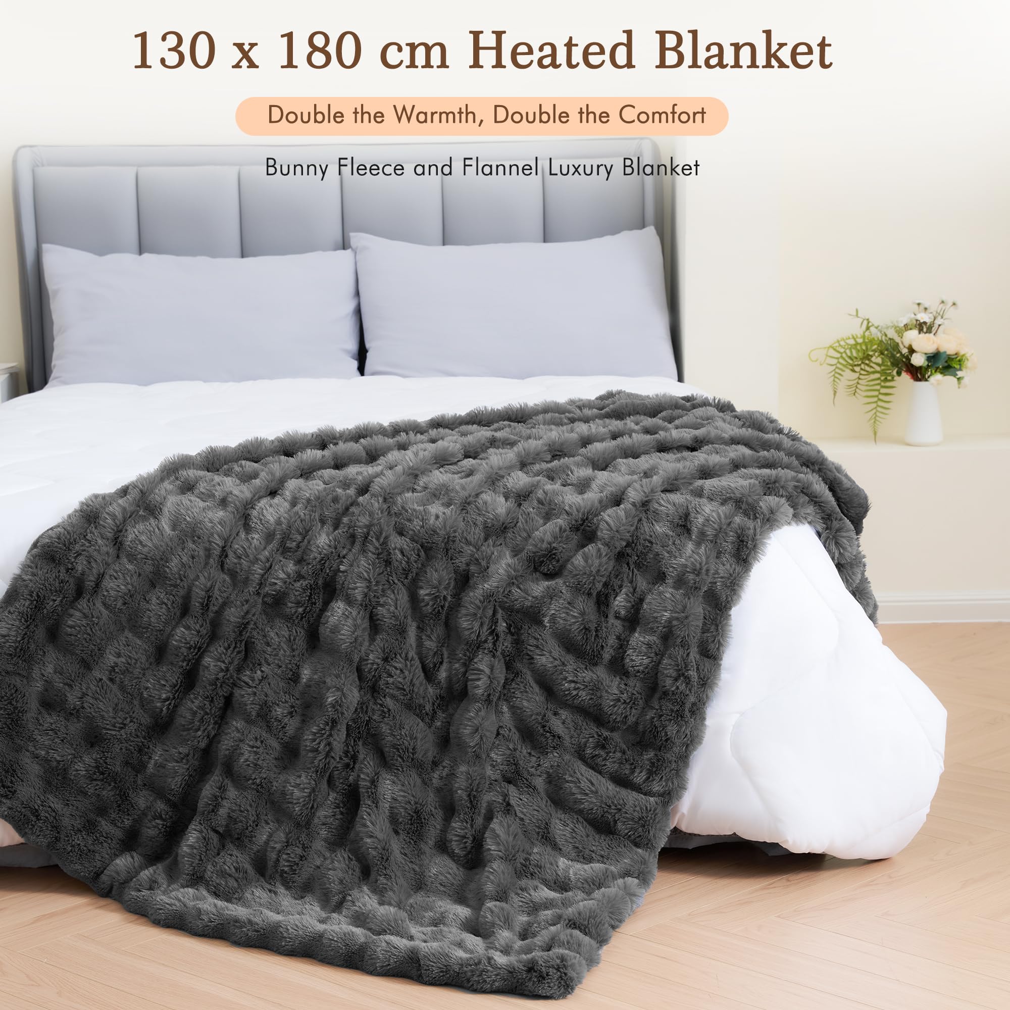 CURECURE Wärmedecke Elektrisch Heizdecke 130x180cm, Puffy Bubble Design aus Kaninchen-Fleece & Flanell Heizdecke, 4 Heizstufen, 10h Auto-Off, maschinenwaschbar für Bett, Sofa, Büro (Grau)