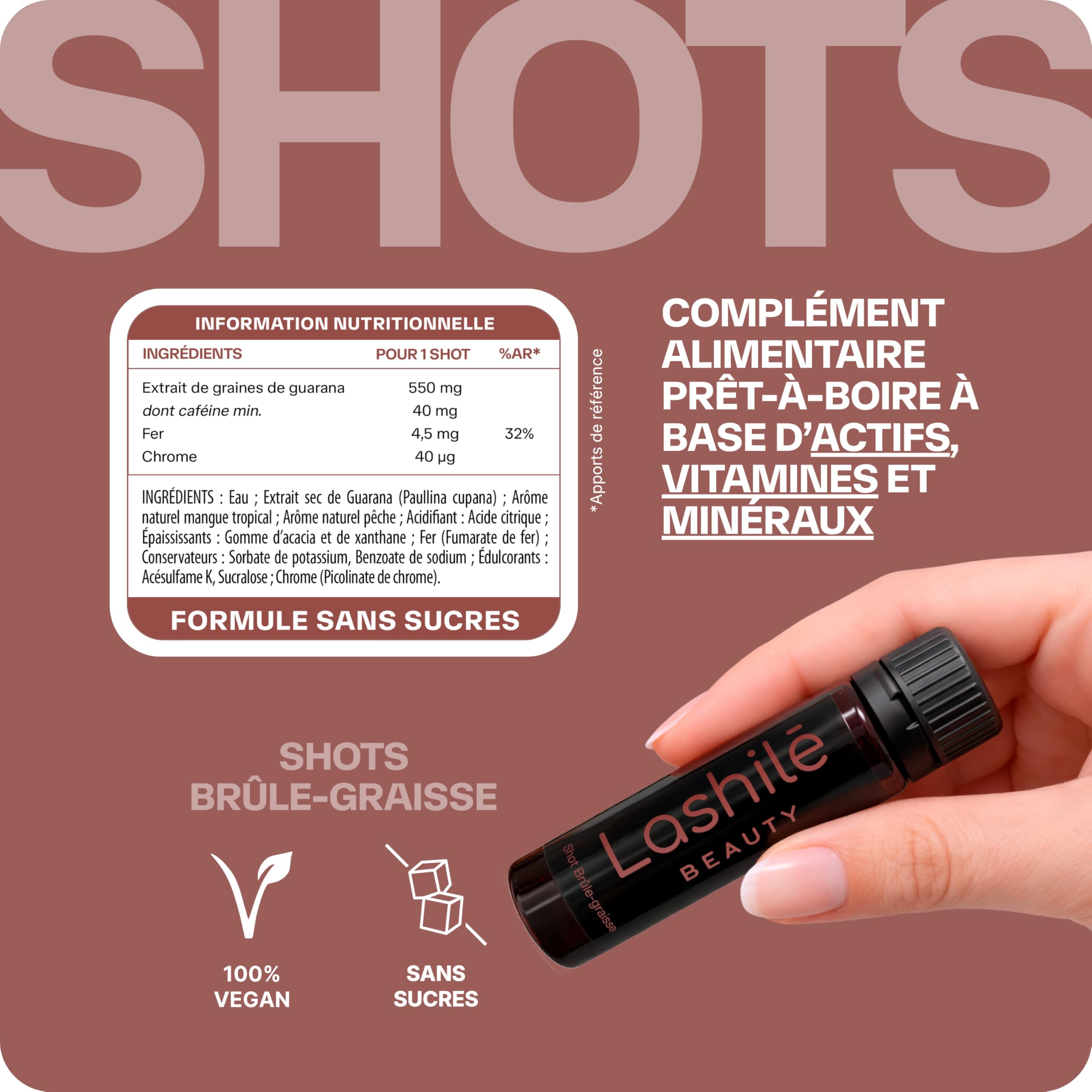 Lashilé Beauty- Shots Minceur à Boire 14 Jours- Guarana, Fer, Chrome- Complément Alimentaire Perte de Poids- Vegan Sans Sucres- Goût Pêche Mangue - Programme 14 Jours