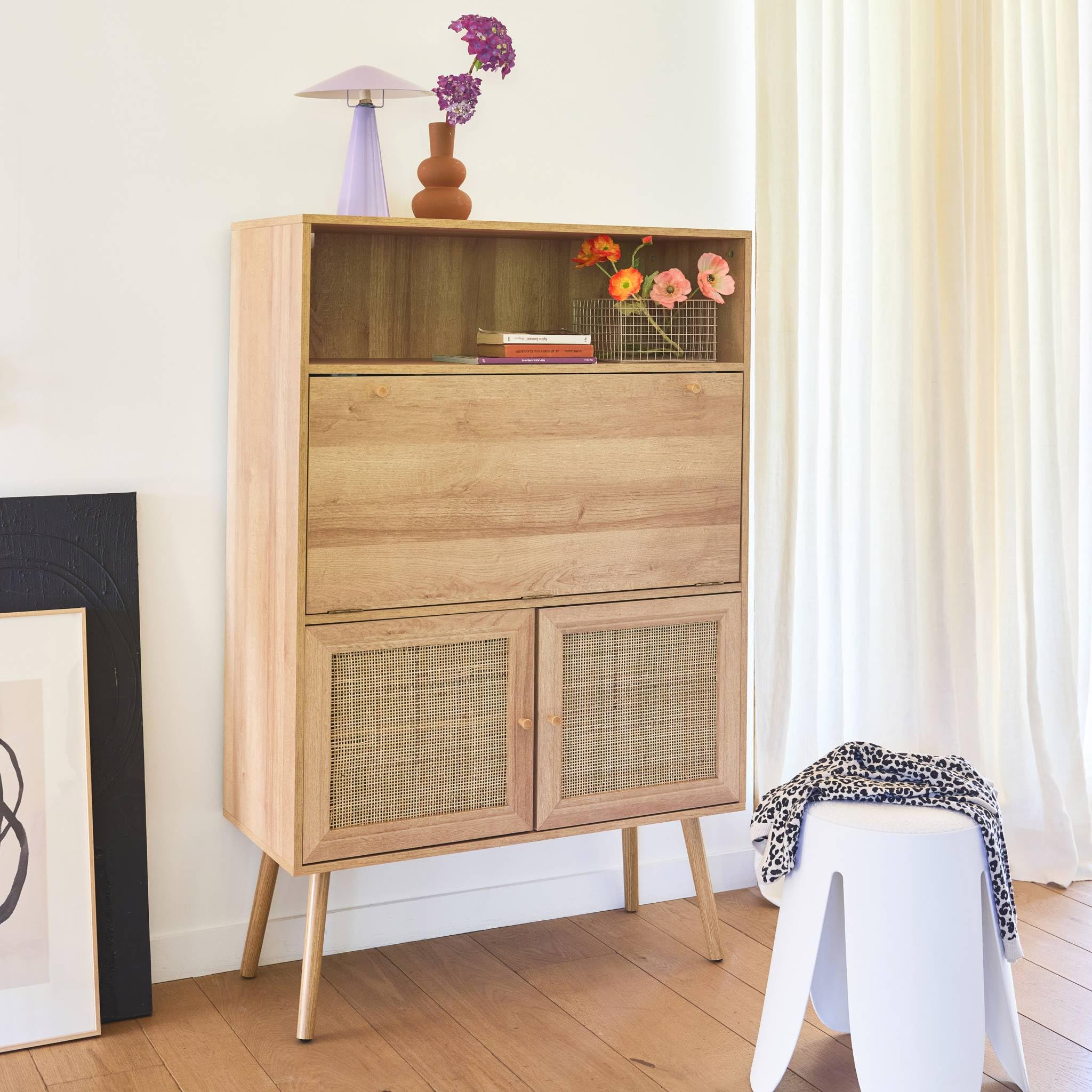 sweeek - Schreibschrank/Sekretär, 2 Türen aus Rohrgeflecht, Regale, Holzeffekt, Beine aus Tannenholz - Bohème