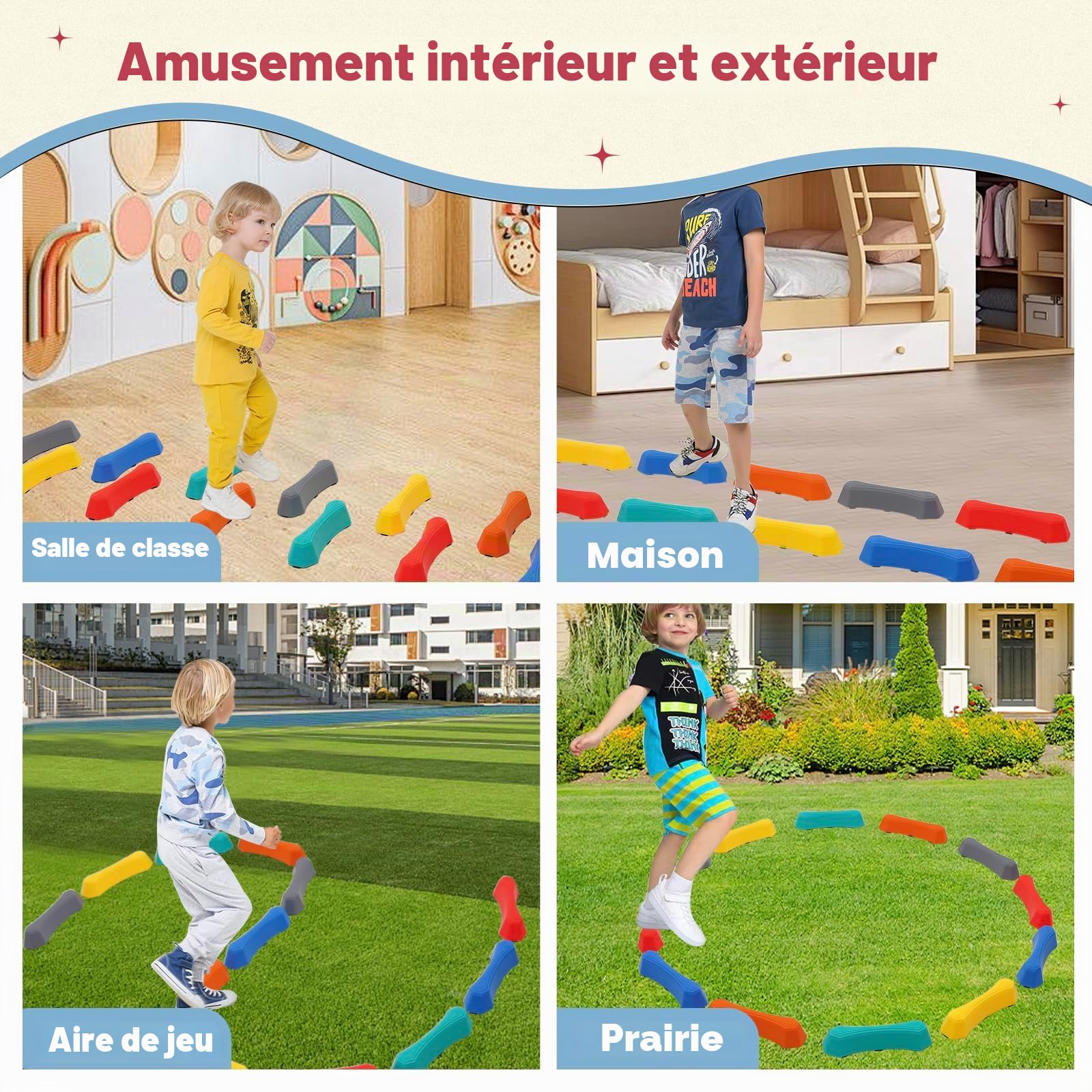 Jeu d'équilibre pour enfants, pavés avec surface texturée antidérapante et tapis de fond, 12 pièces empilables pour parcours d'obstacles intérieur et extérieur pour tout-petit