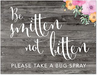 Andaz Press Wedding Party Signs, Rustic Gray Wood Pink Floral Flowers, 8.5x11-inch, Be Smitten Not Bitten Please Take a Bug Spray, 1-Pack, Unframed
