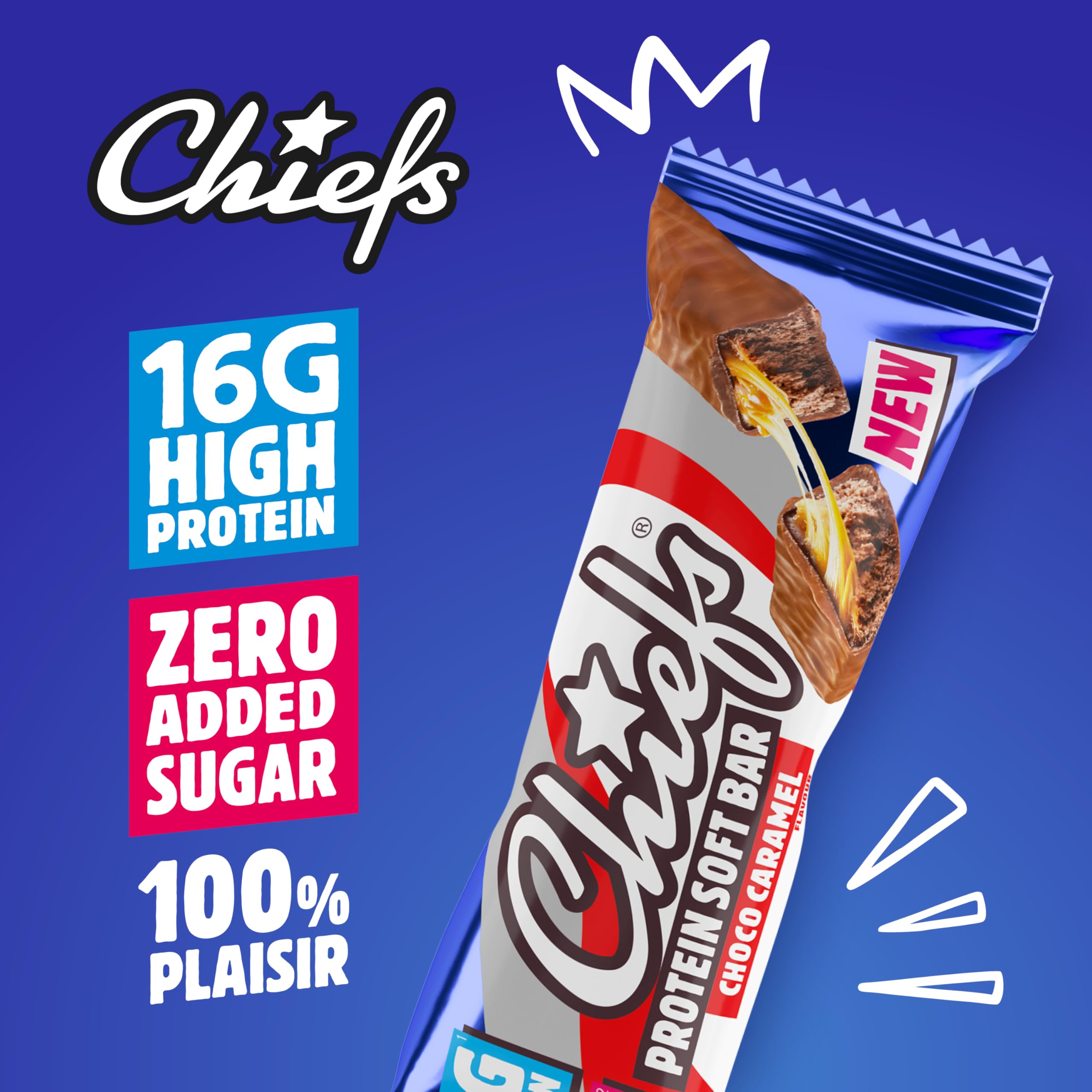 CHIEFS Barre Protéinée Soft - 16g Haute Protéine, Sans Sucre Ajouté, Sans Huile de Palme, Soft Bar Choco Caramel - 15 x 55g