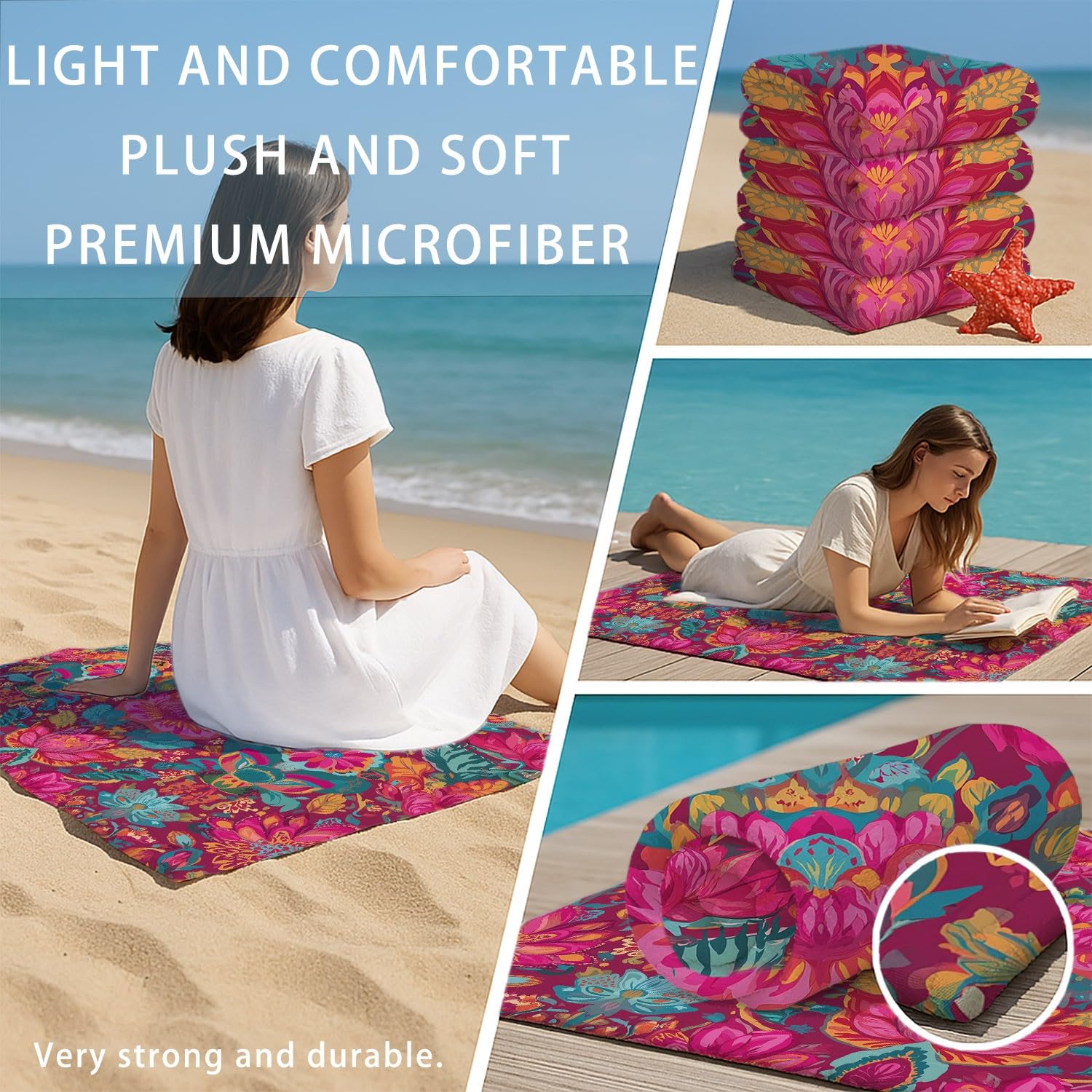 Générique Serviette de Plage Microfibre 200 x 100 CM,Drap de Plage Complexe, Luxueux, Couverture de Plage Absorbante,Couverture de Bain Fleurs Ornées, Symétrique, Continu