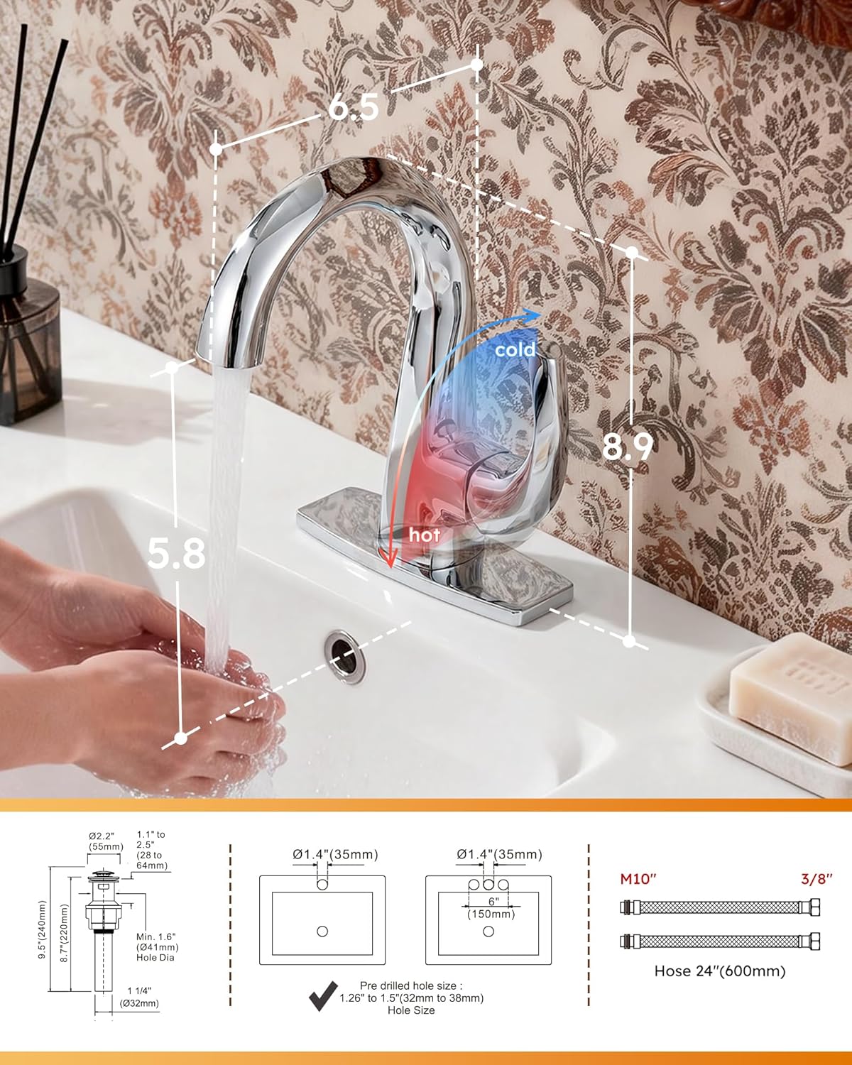 WOWOW Single Handle Bathroom Faucet 1 Hole High Arc Bathroom Basin Faucet Chrome with Pop Up Drain, Solid Brass Commercial Bathroom Sink Faucet Basin Vanity Sink (Patented Product)