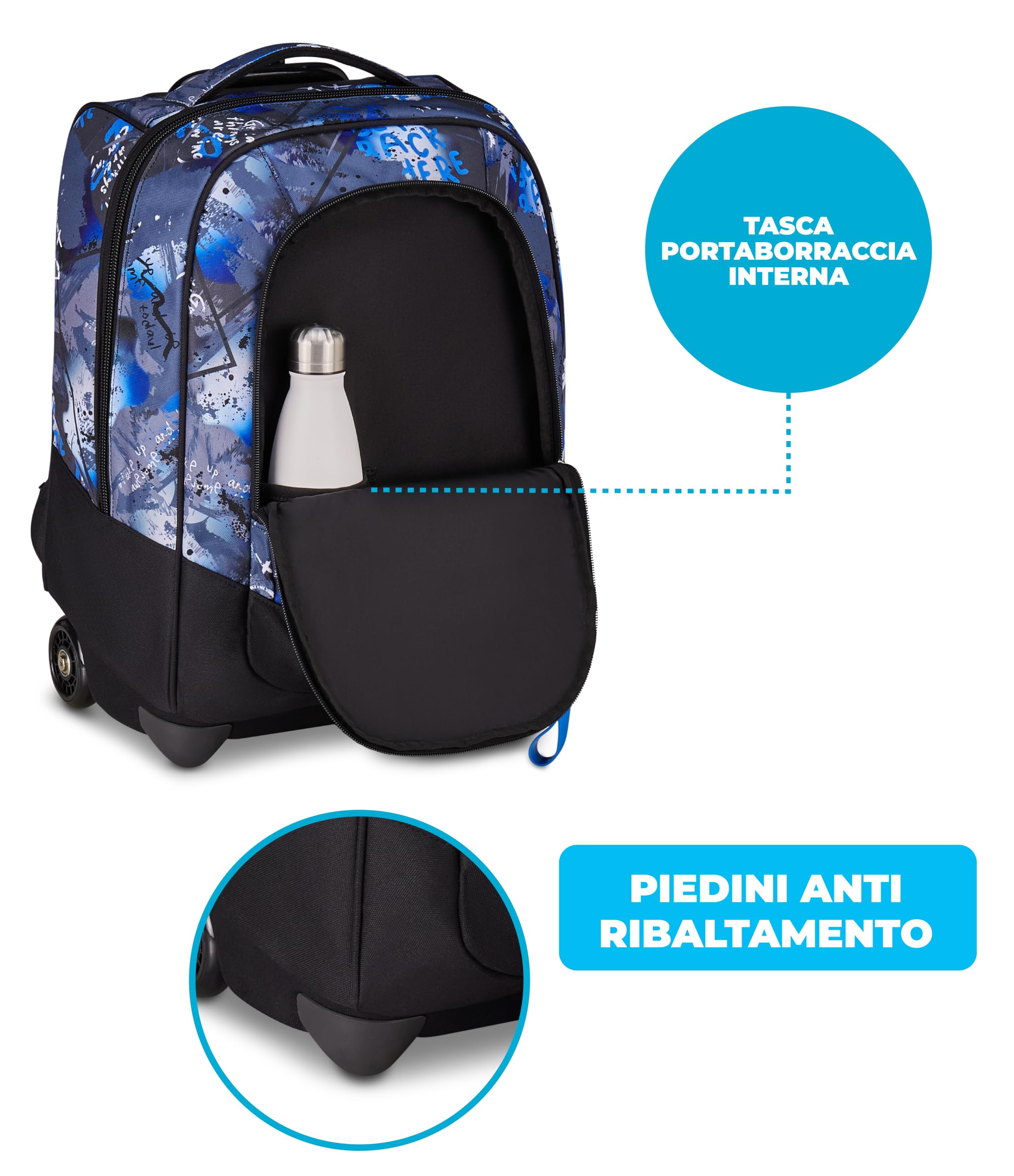 Seven Zaino Trolley, Scuola Elementare, Doppio Uso, Doppio Scomparto, Spallacci a Scomparsa, Bambino, Mystic Gray, blu/nero
