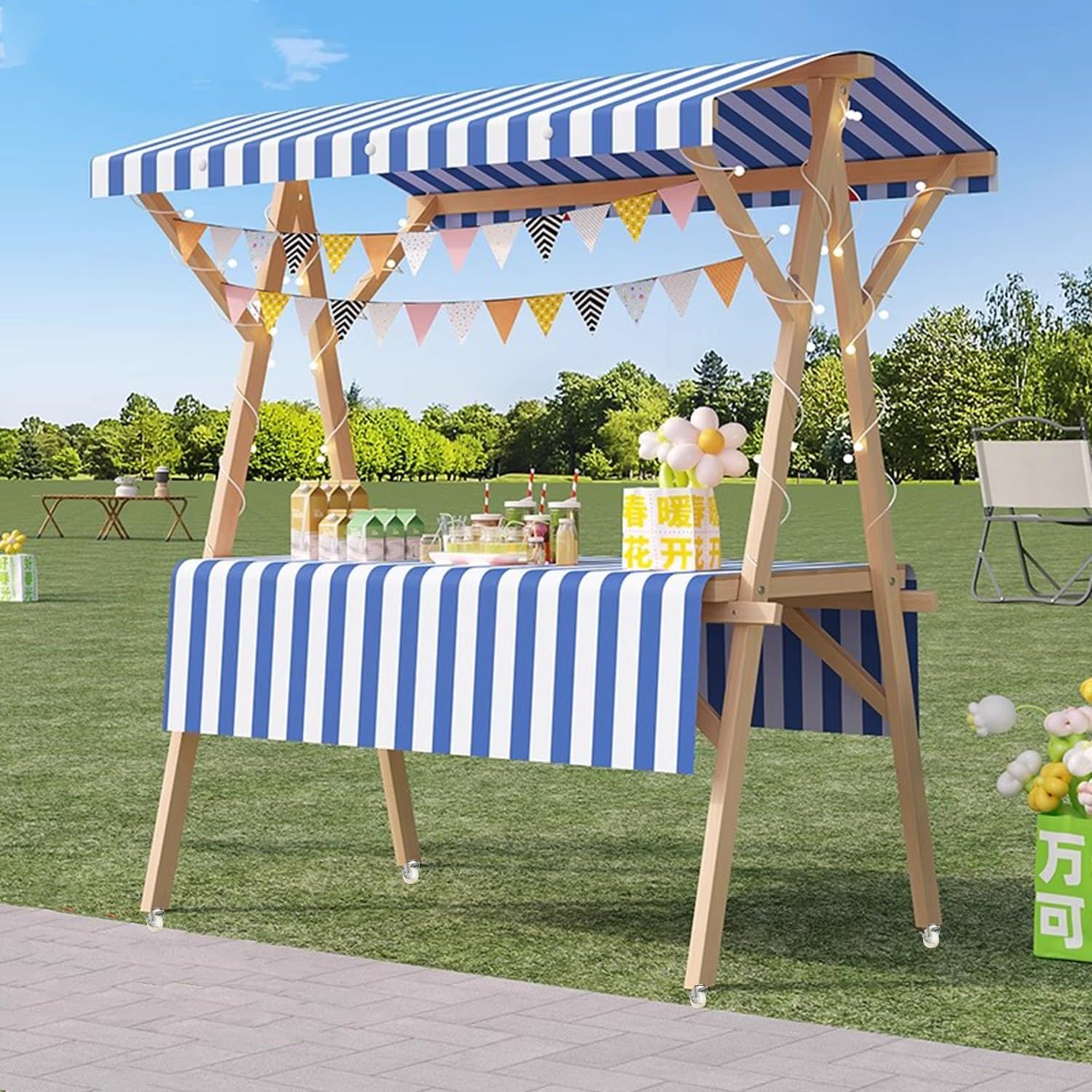 Heavy Duty Pieghevole Legno Venditore Carrello 500kg carico Sunshade LED Luce Chiudibile Rotelle di Mercato Portatile Stallo per Food Craft Fiori Vendita Facile Configurazione