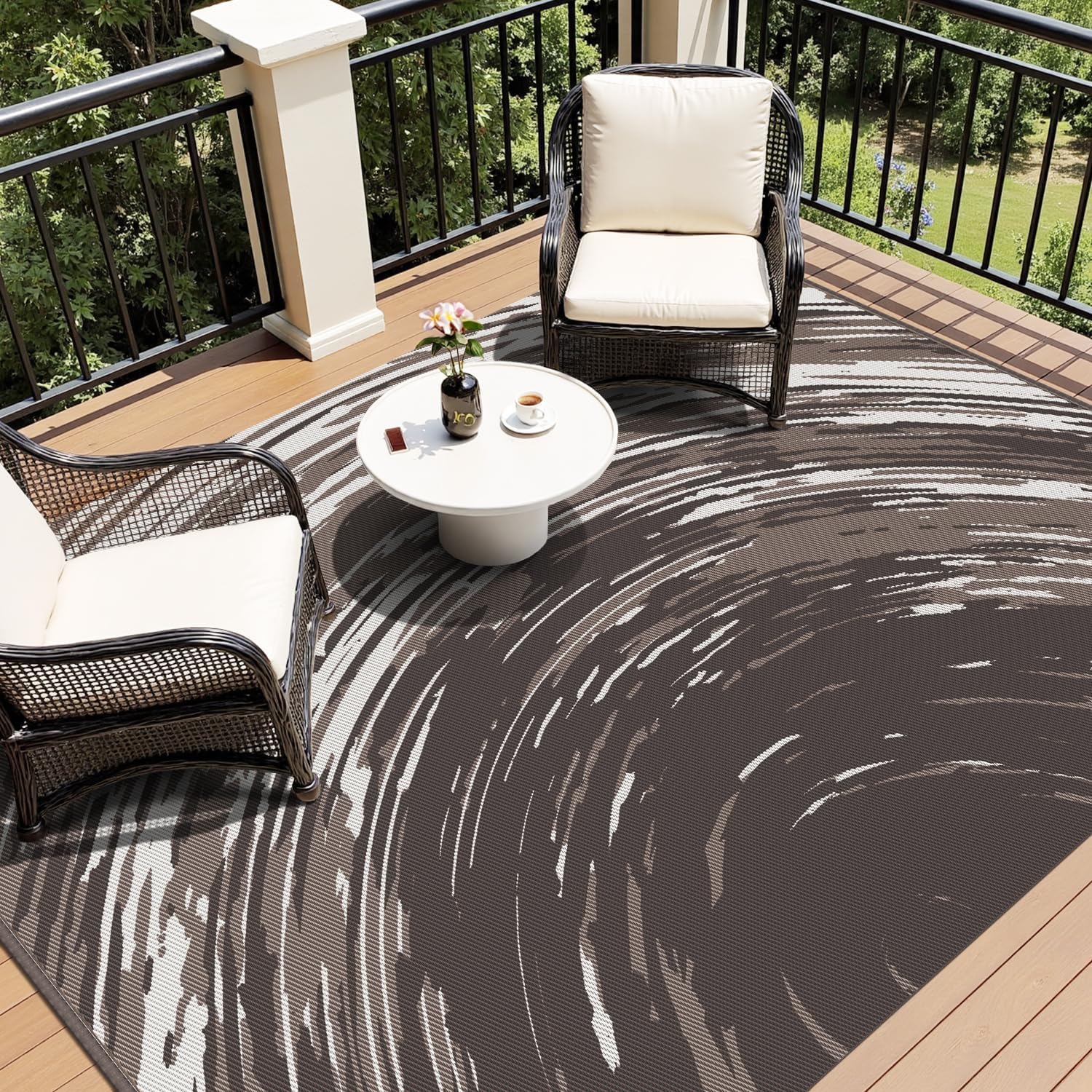 COCOER Modern Outdoor Rug 5x8 Reversible-Waterproof Outdoor Patio Rug-Quick Dry Outdoor Area Rugs Indoor Outdoor Rugs-Outside Rug Patio Decor for Porch Deck Balcony Backyard Brown 5X8 ft