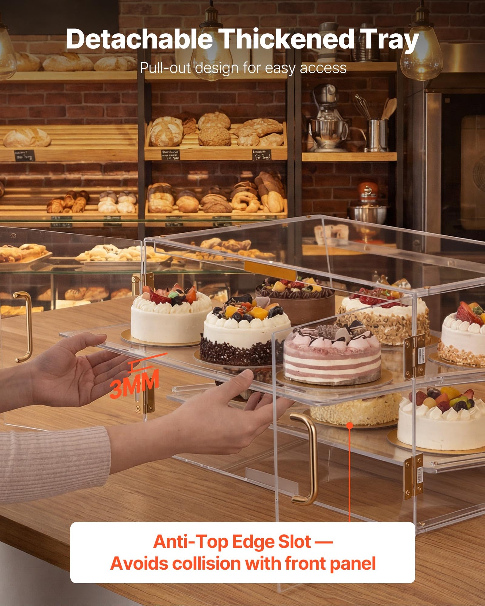 VEVOR Vetrina per Pasticceria Portapane, Espositore per Panetteria Torte Dolci Pani in Acrilico per Bar, Vetrina per Torte con Porta Posteriore Magnetica 2 Ripiani per Biscotti 526 x 400 x 305 mm