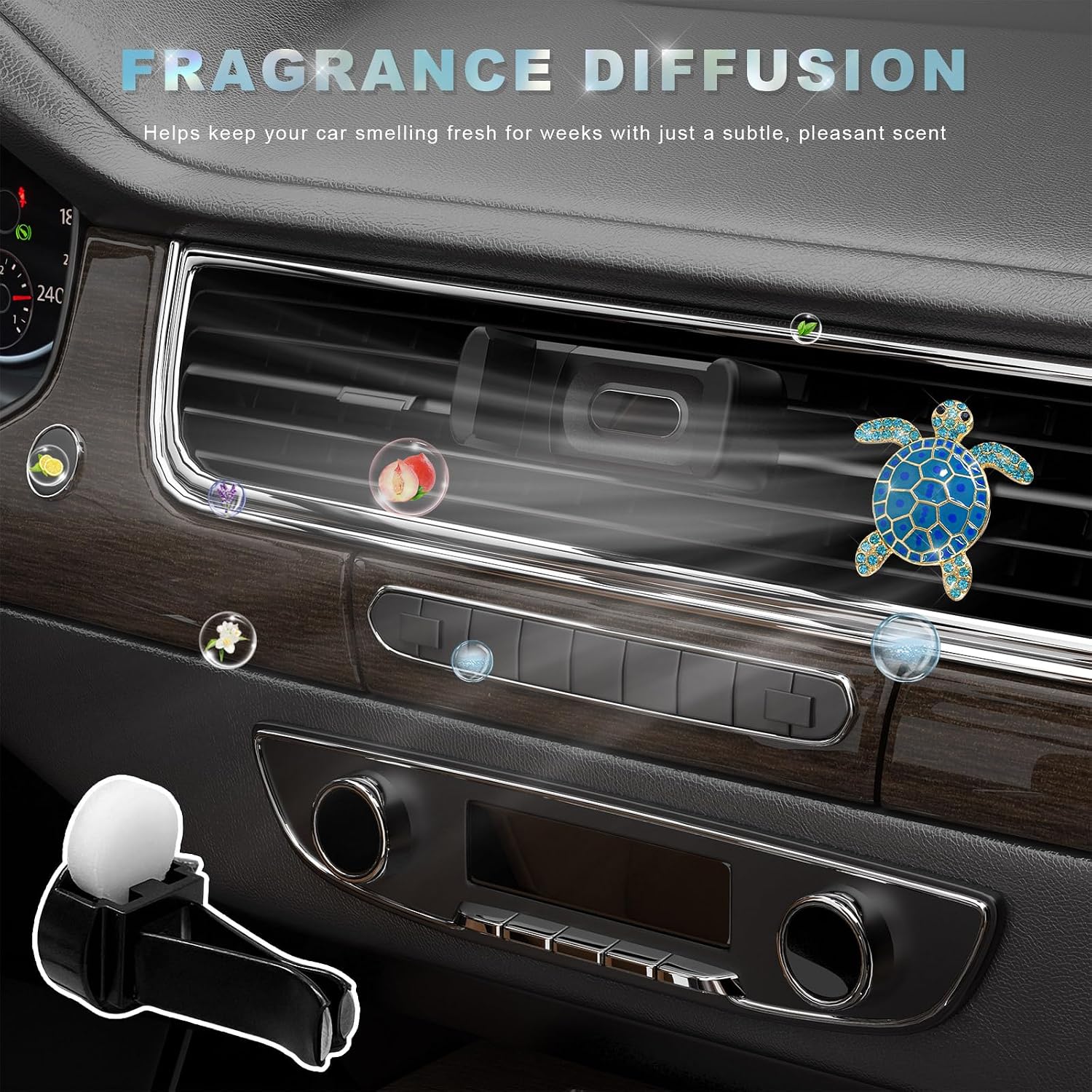 2 PCS Bling Turtle Car Air Vent Clips, Rhinestone Tortoise Vent Clip with 2 Scented Tablets, Ocean Themed Air Conditioning Outlet Clip Auto Interior Decor for Women Girls (Blue) image 4