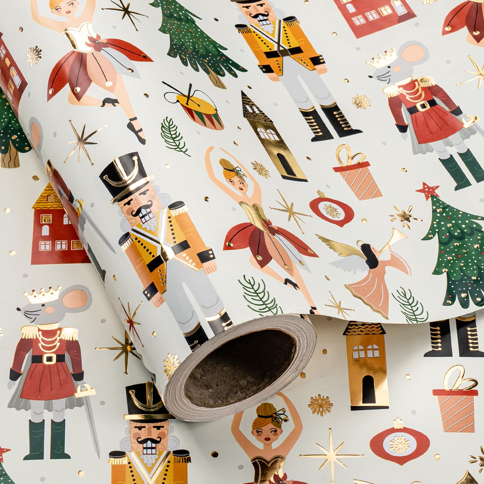WRAPAHOLIC Nutcracker Christmas Wrapping Paper - Mini Roll - 17 Inch x 16.5 Feet - Gold Foil Ballerina and Nutcracker Wrapping Paper for Christmas Holiday, Kids Presents, Winter Season