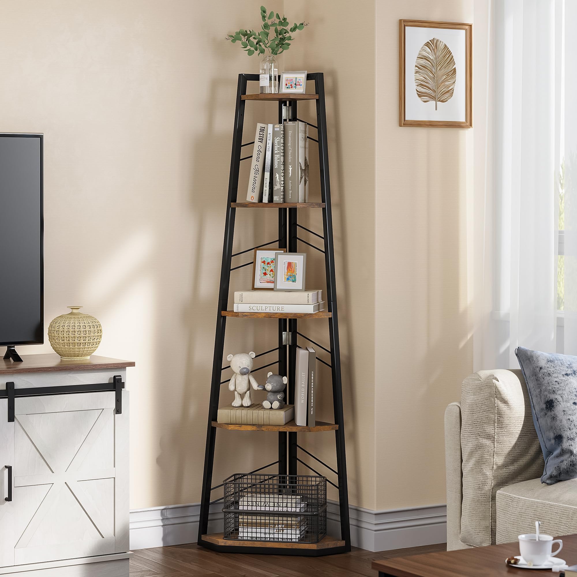 DWVO Eckregal 5 Ebenen, Eckbuchhandel mit Metallrahmen, Industrial Ladder -Bücherregal, Bodenständiges Displayregal, Hoher Speicherregal, für Wohnzimmer, Küche, Schlafzimmer, Vintagebraun Standregal