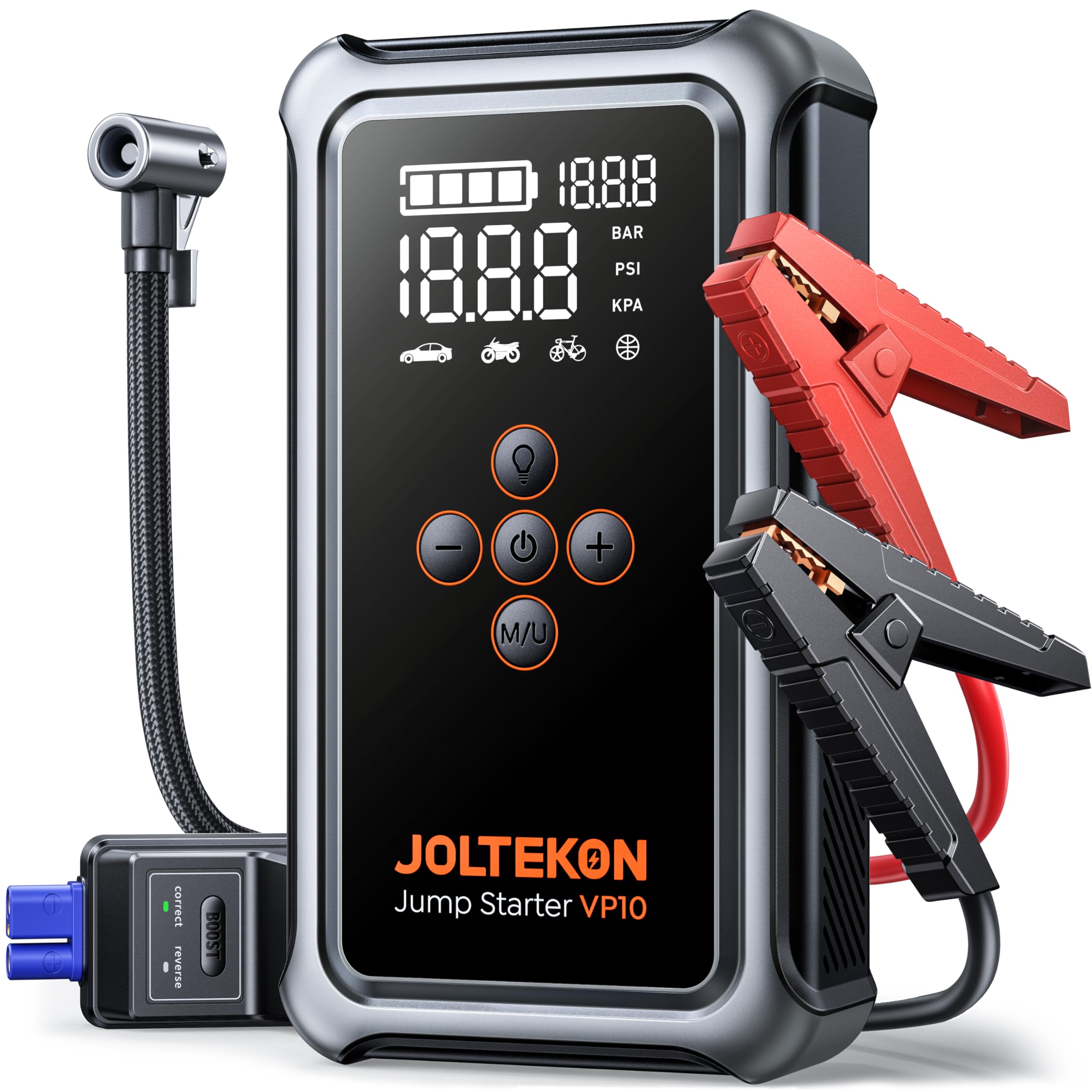 5000A Car Battery Starter with Air Compressor 150PSI, 12V Car Jump Starter with Forced Start BOOST Function, 3 in 1 Flashlight, Large Screen (For All Gas or 10L Diesel)