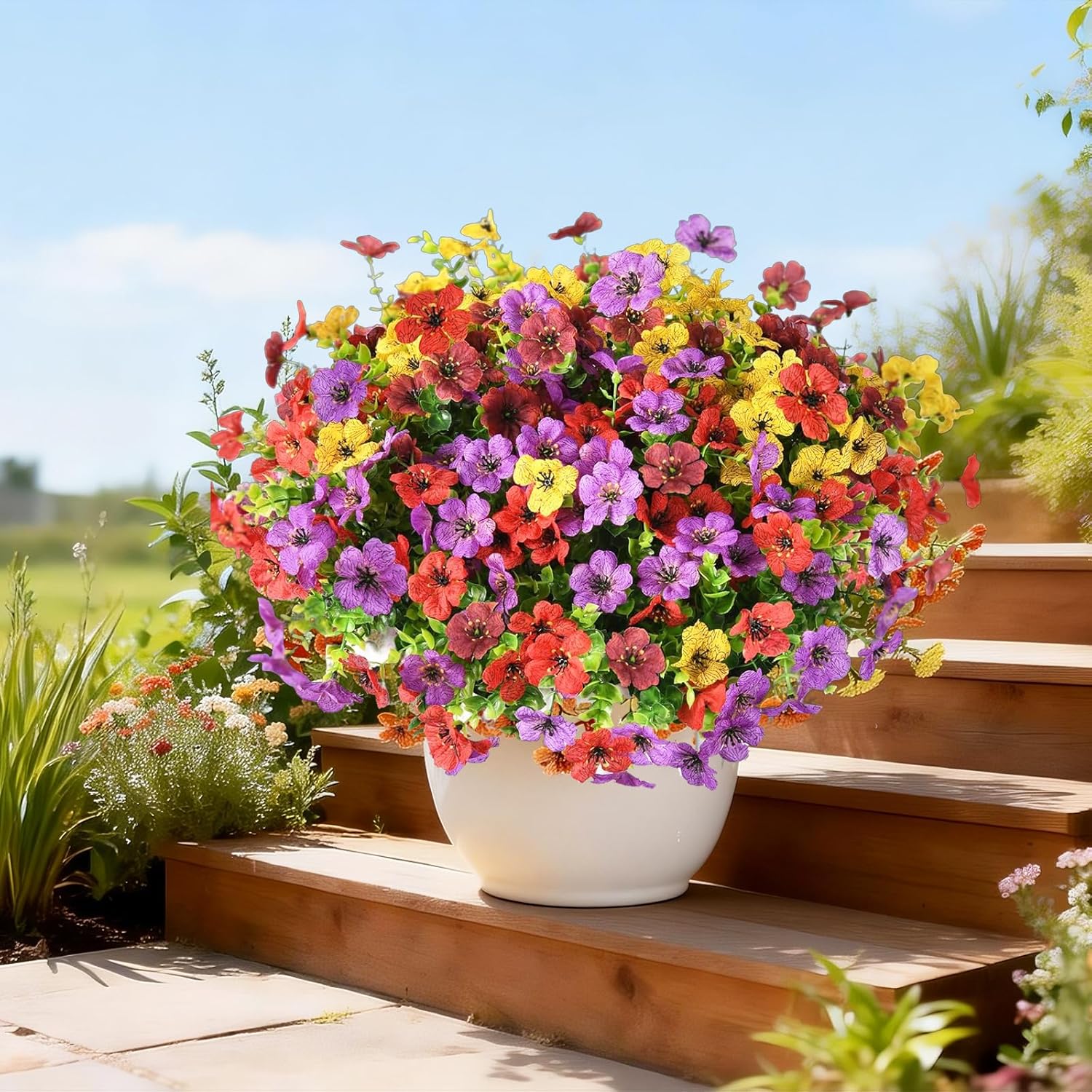 Artificial Flowers for Outdoors, 12 Bundles Fake Daisy Flowers Spring Decor, UV Resistant Faux Flower Daisy with Eucalyptus for Garden Porch Planter Box (Mix Pink Red Purple Yellow) - Image 5