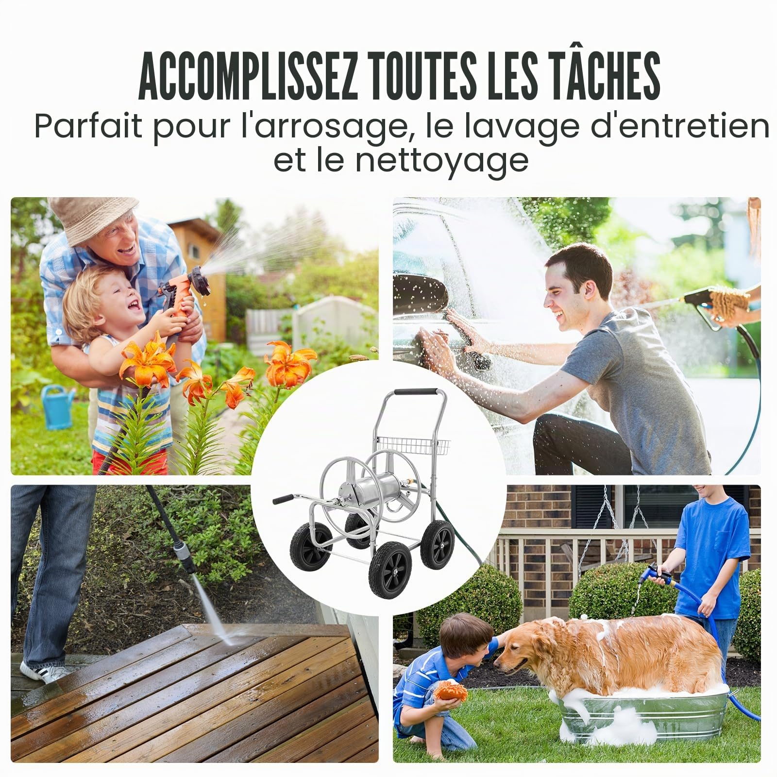 VEVOR Chariot enrouleur de tuyau, capacité du tuyau d'eau 1,5 cm et 76 m, outils mobiles avec 4 roues, plantation extérieure acier revêtement en poudre panier de rangement, pour jardin, cour, pelouse