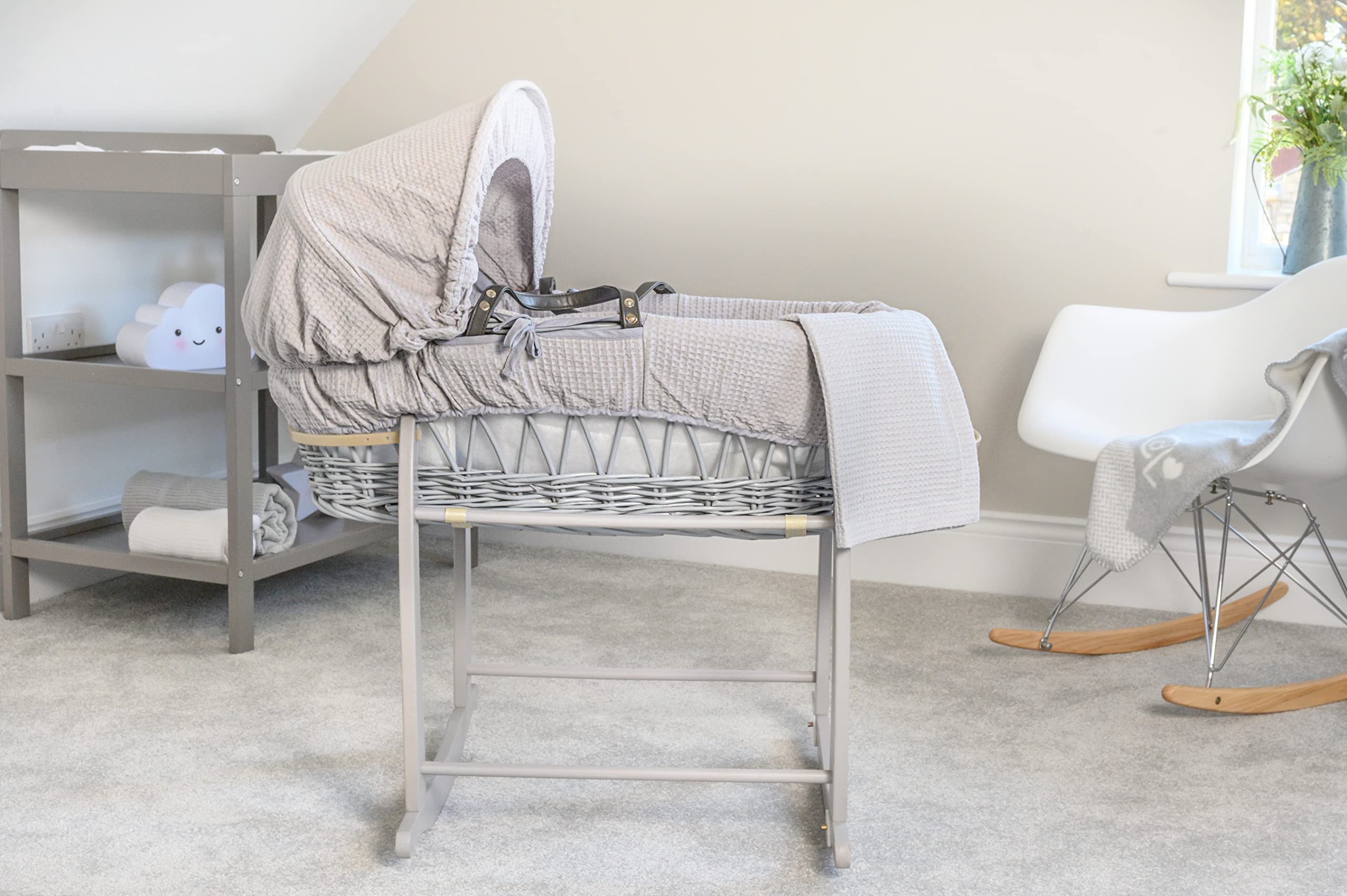 Clair de Lune Culla in vimini grigio a nido d'ape con supporto a dondolo grigio deluxe, 68 x 30 cm, grigio