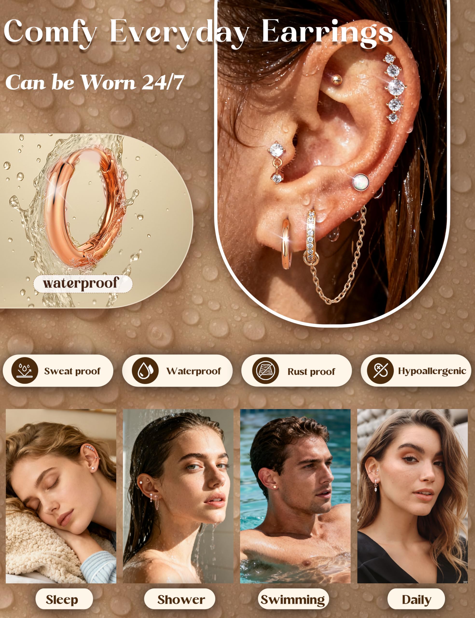 ORAZIO 16G Cartilage Earrings for Women - 14K Gold Plated Flat Back Earrings Hypoallergenic Surgical Stainless Steel Stud Hoop Earrings Set for Sensitive Ears Daith Conch Tragus Helix Piercing Jewelry