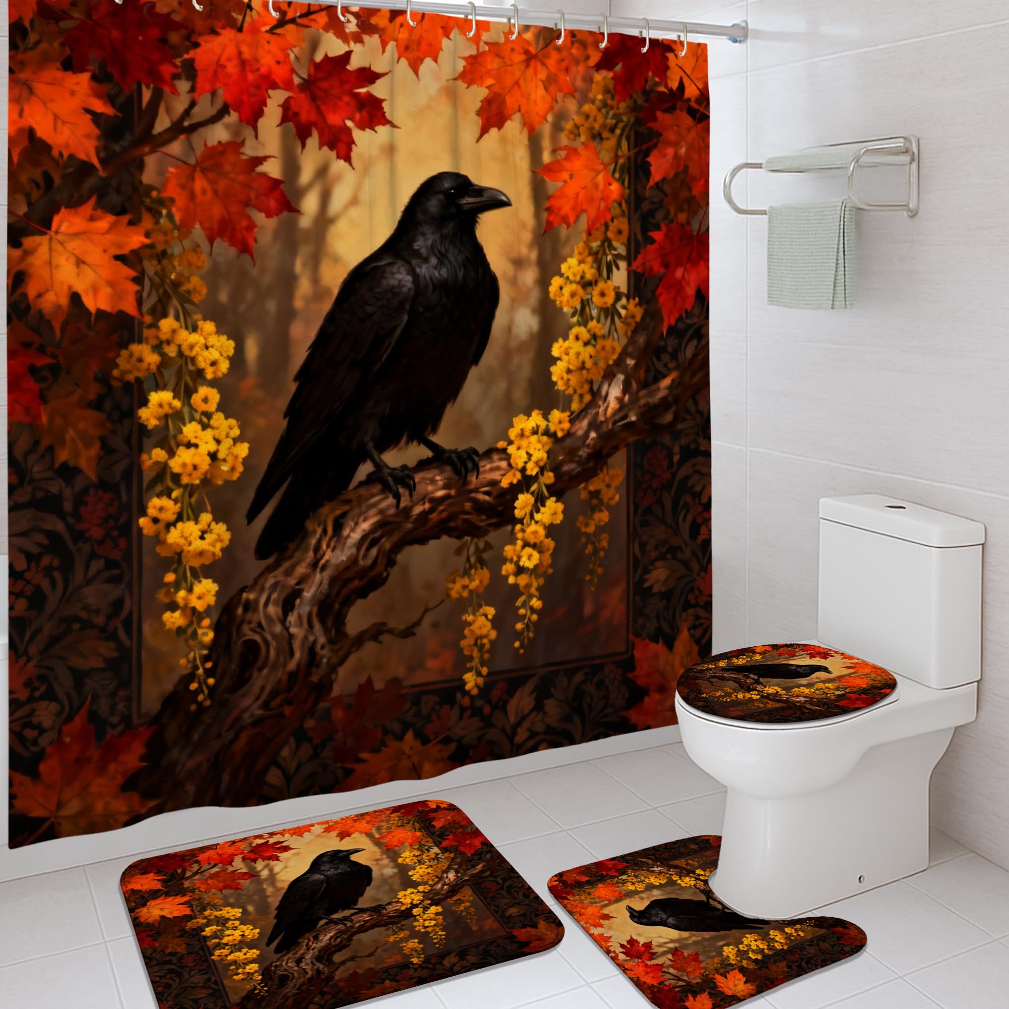 Rideau de douche corbeau noir en polyester imperméable pour salle de bain 183x183cm