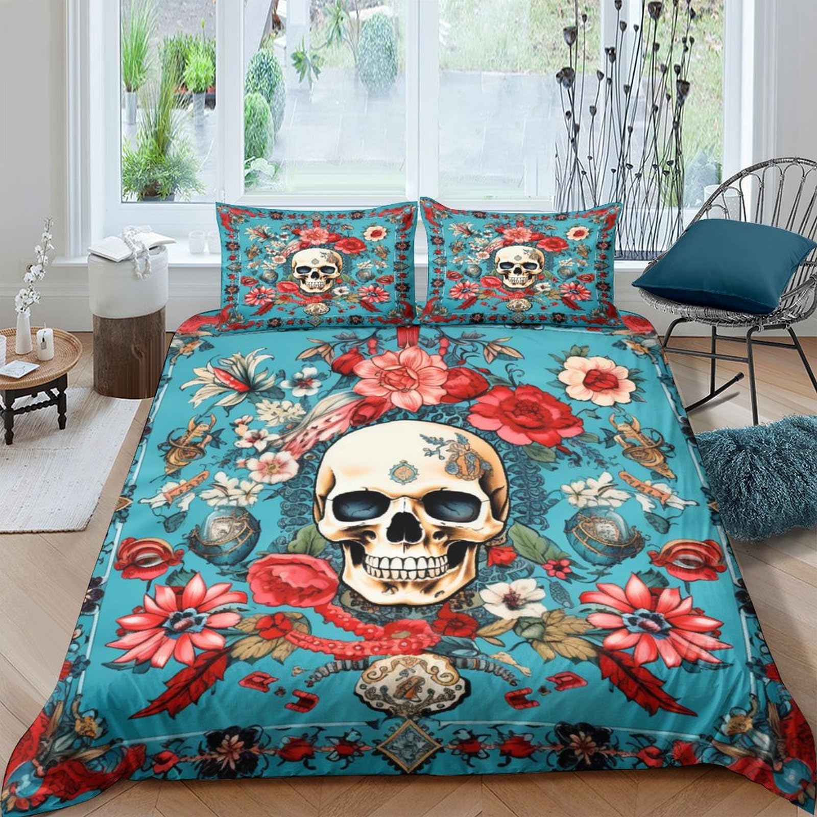Juego de funda nórdica de microfibra con calavera rosa gótica 200x200