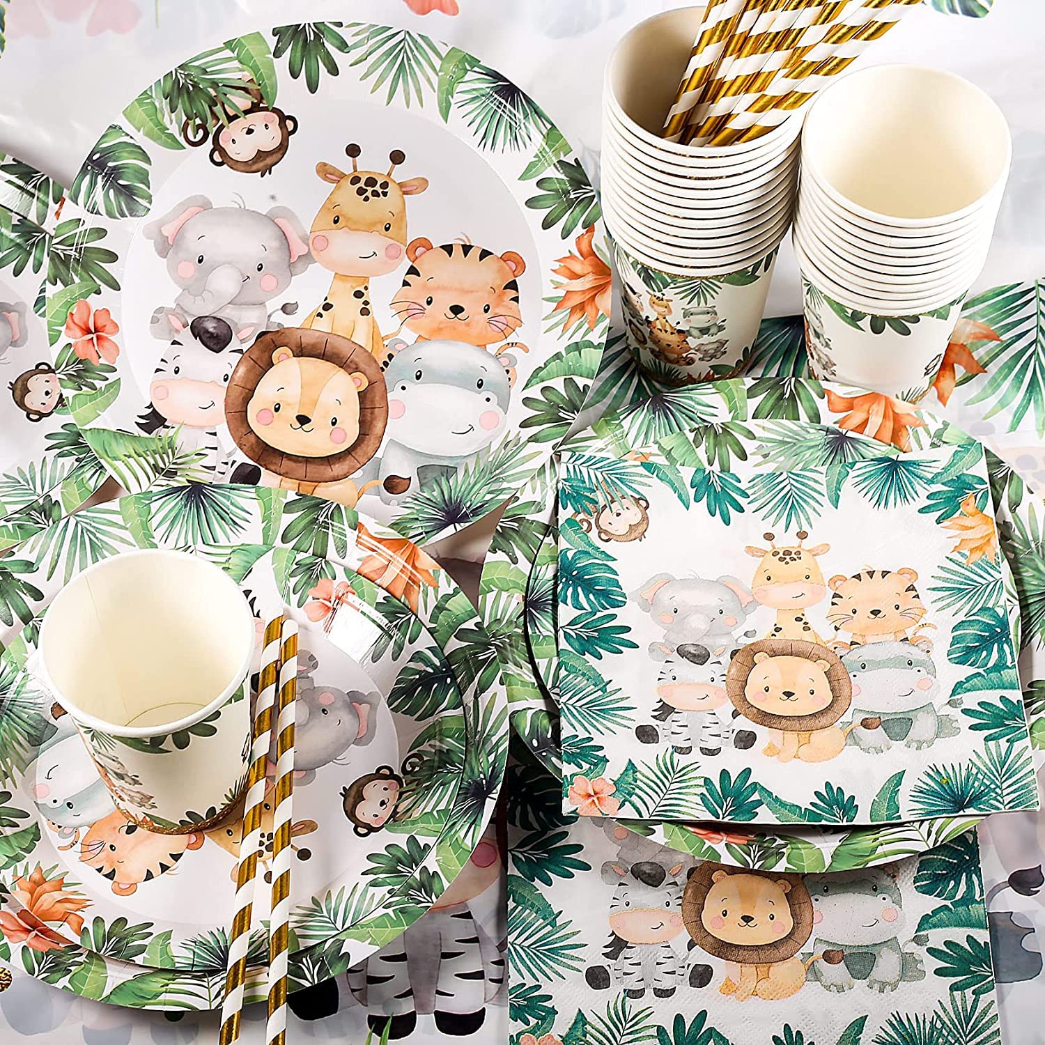 Yosemy Giungla Safari Set di Stoviglie di Carta Usa e Getta per 25 Ospiti - 127 Pezzi Con Piatti, Tovaglioli, Cannucce per Wild One Decorazione di Compleanno Verde