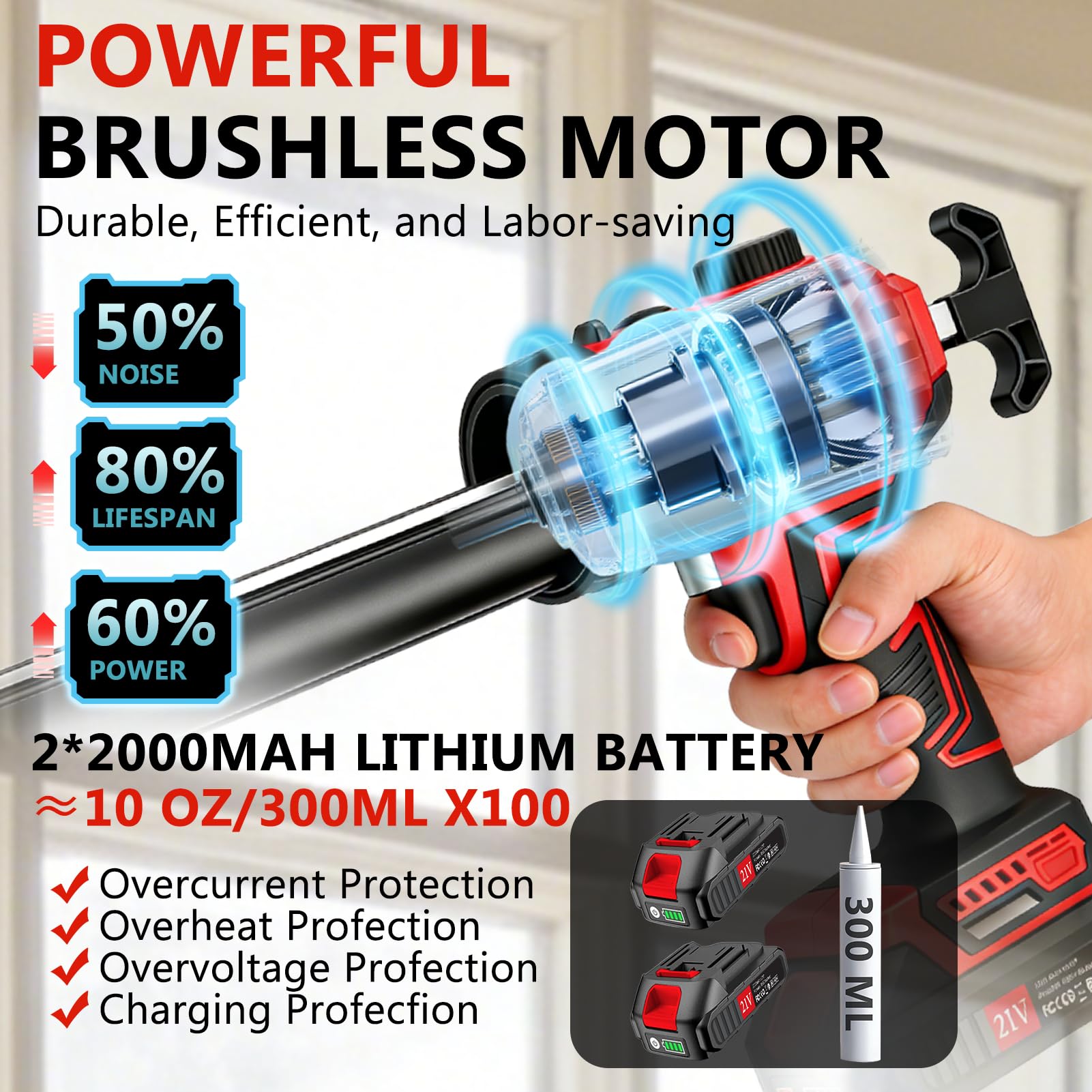 Pistola Silicona Bateria, Pistola Silicona Profesional con 2x2000 mAh baterías, Regulación de Velocidad Continua, Luz LED, para Cartuchos de 300 ml