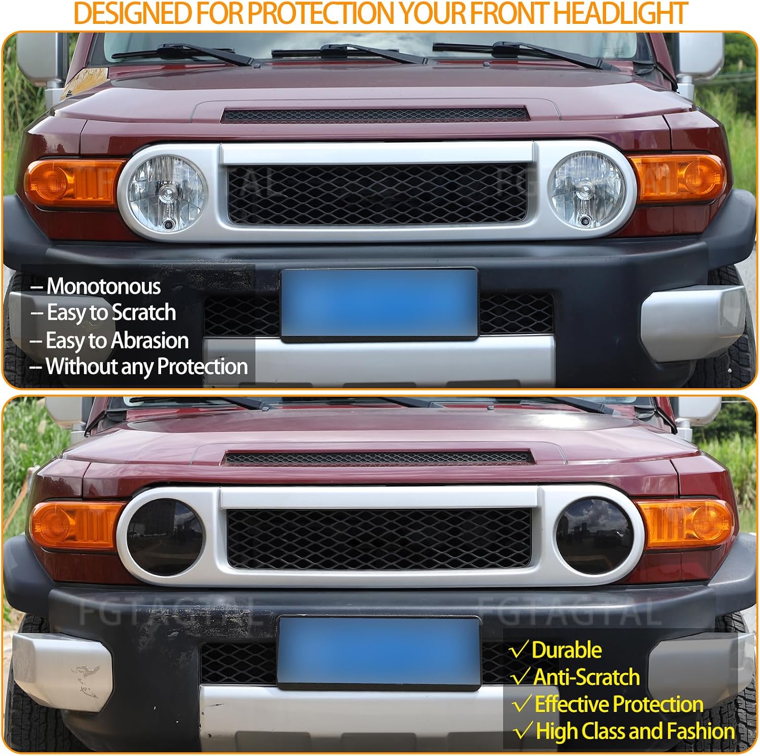 Smoked Front Headlight Cover Compatible with Toyota FJ Cruiser 2007-2021, ABS Front Lamp Headlight Decorative Protection Trim Cover, 2PCS, Transparent Gray