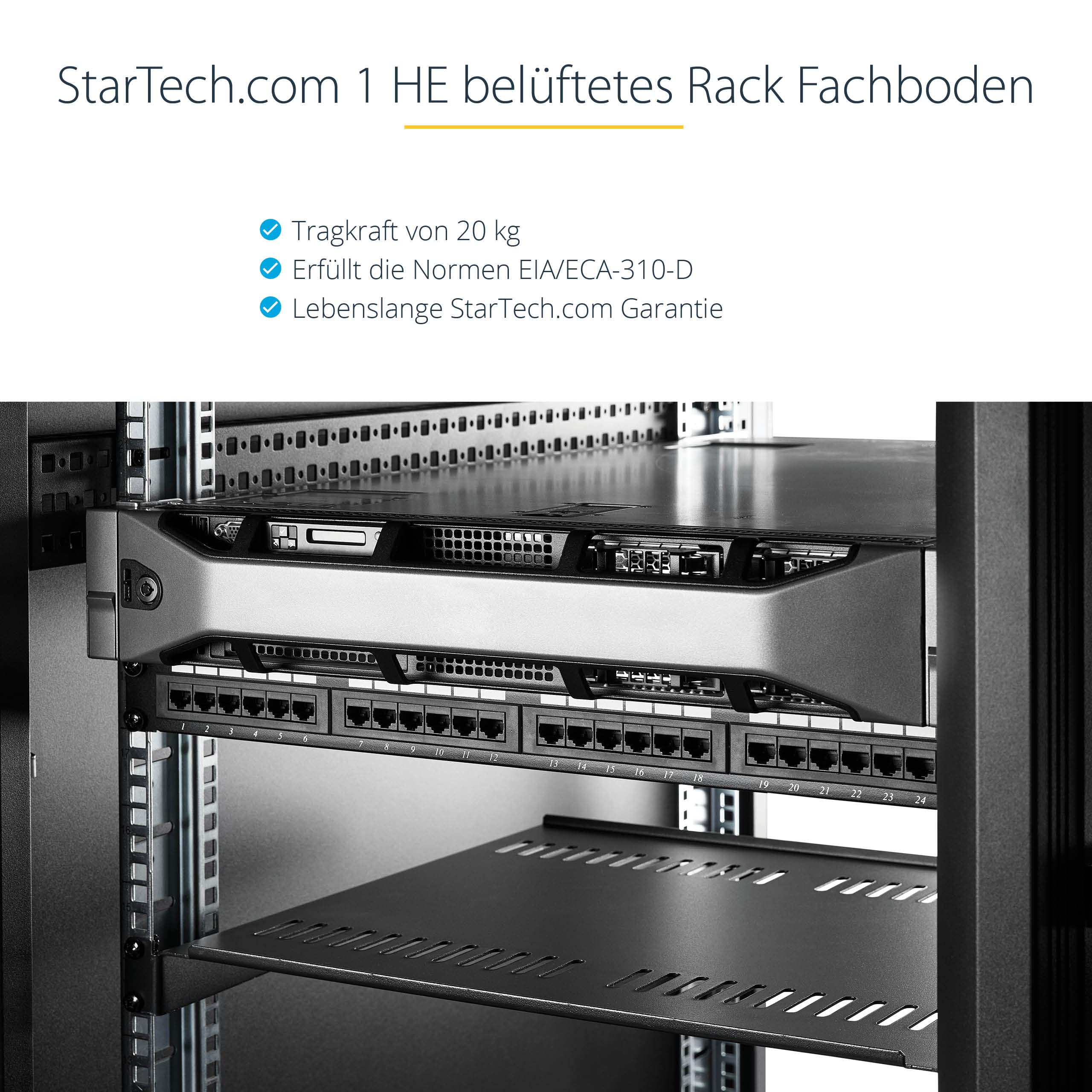 StarTech.com 1HE Regalboden für Racks - Belüftete Freitragende Fachboden für 19" Netzwerkschränke und Racks, 20kg, 10" Tief