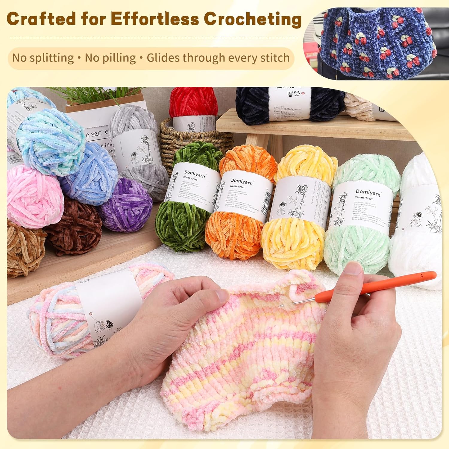 Velvet Chenille Yarn Pack – 6 Skeins × 100g Super Bulky (CYC #6) – Soft Velvet Chunky for Crocheting & Knitting, Fluffy Chenille Yarn for Blankets, Scarves & Crafts (Multicolor)