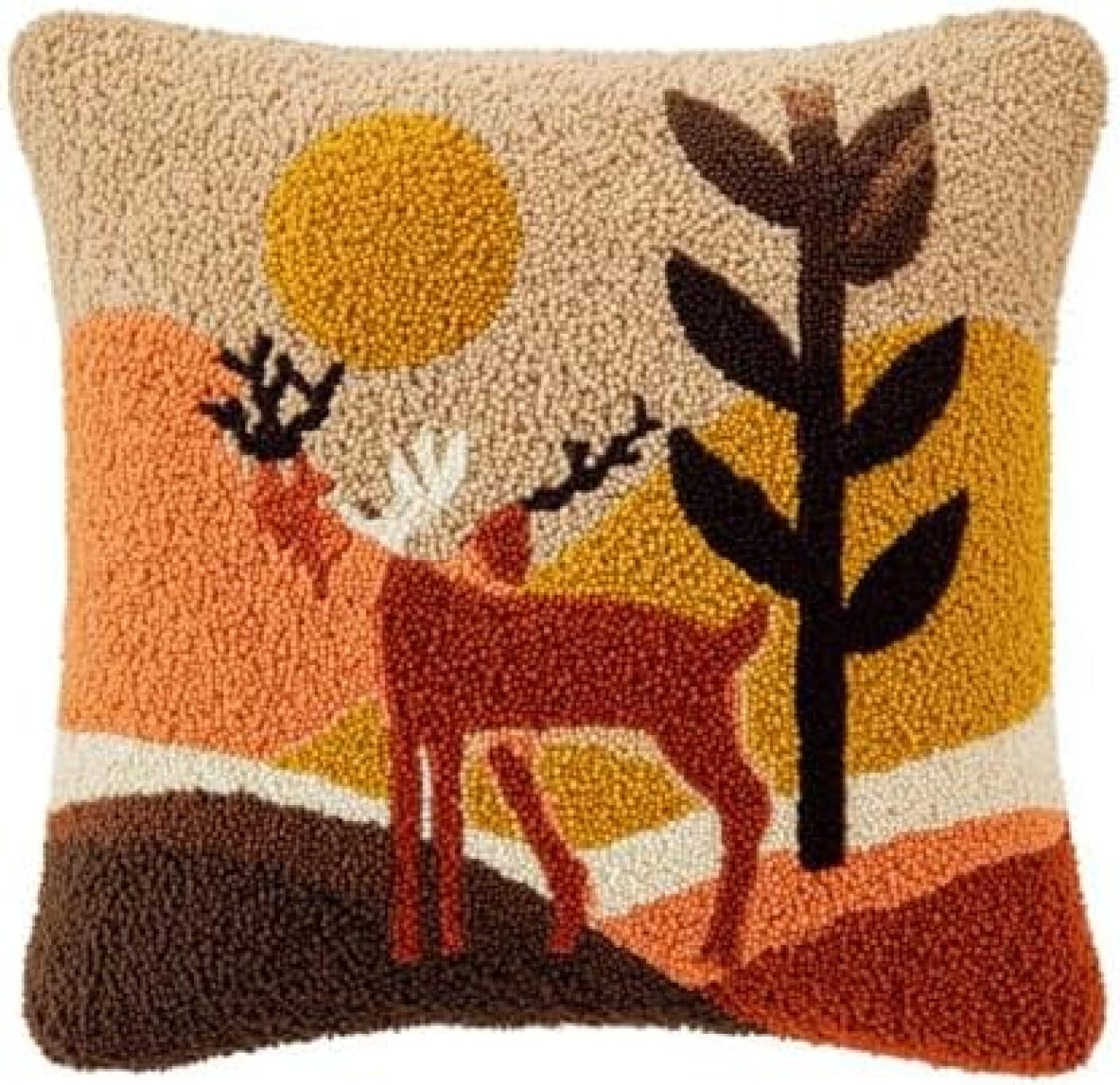 kitphoenix Pre-Printed Latch Hook Cushion Cover Kit for Adults,Antelope Golden Sunse,DIY Pillow Cover Craft Set with Yarn and Hook,43x43 cm