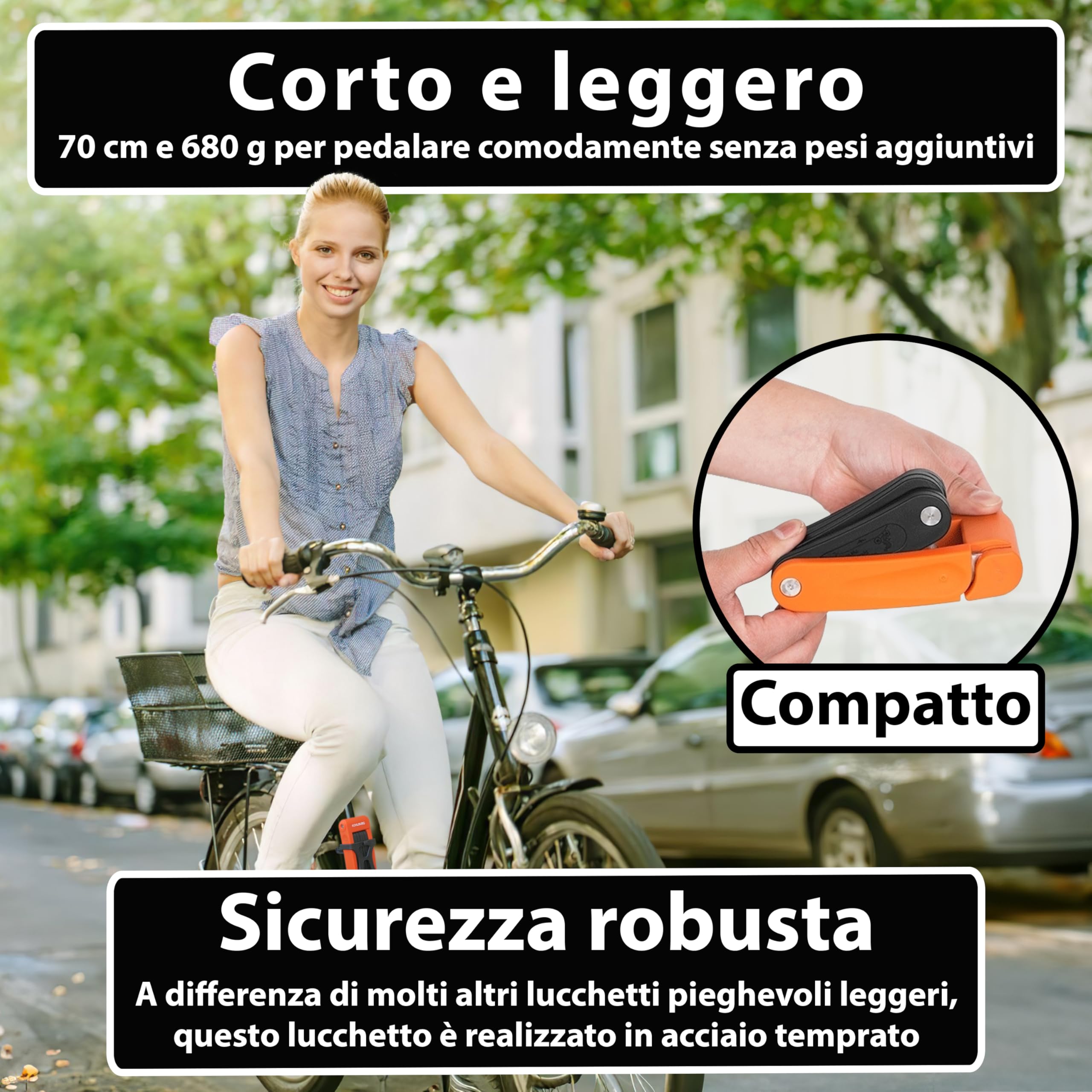 KOHLBURG antifurto pieghevole leggero & piccolo - 680g leggero & 70cm lungo - antifurto bicicletta in acciaio temprato per bicicletta elettrica & biciclette con supporto - bike lock