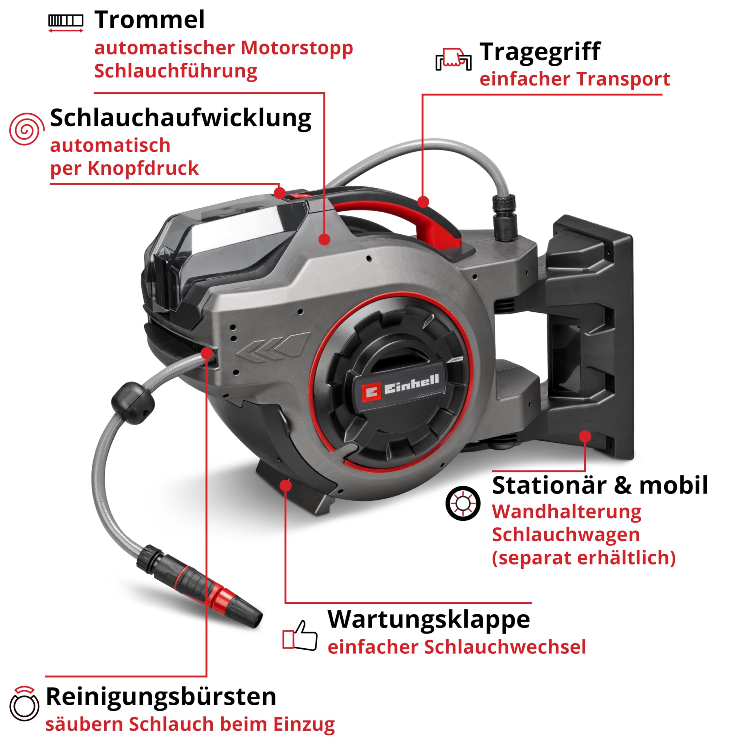 Einhell Akku-Schlauchtrommel GE-HR 18/30-1 Li-Solo Power X-Change (18 V, automatische Schlauchaufwicklung, bis zu 180° schwenkbar, Wandhalterung, 30 m Gartenschlauch & -spritze, ohne Akku)
