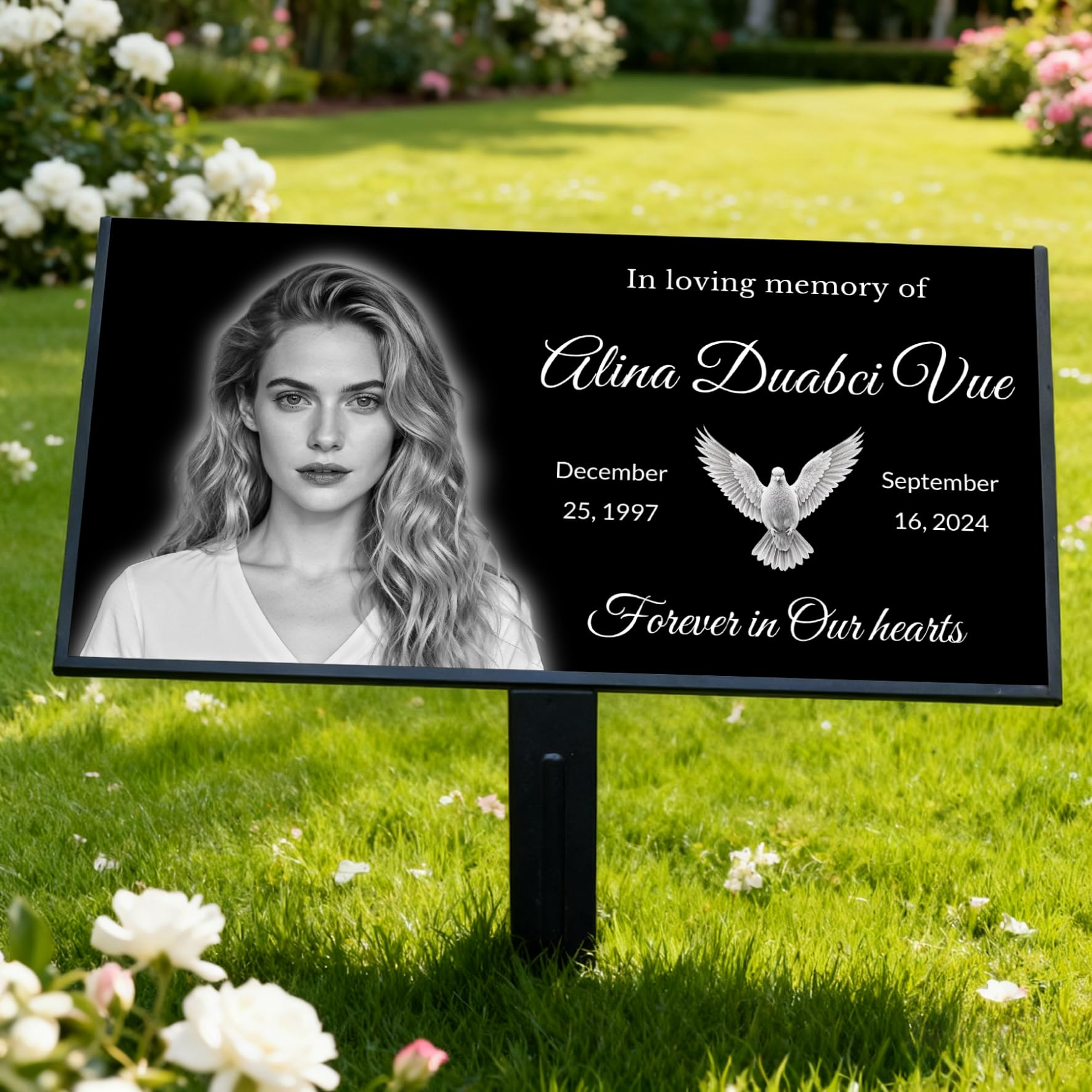 Personalized Black Granite Memorial Plaque, Grave Marker & Memorial Garden Stone – Laser-Engraved Headstone with Photo for Cemetery Graves, 12x6 Inch Weatherproof Memorial Stone for Outdoors/Indoors