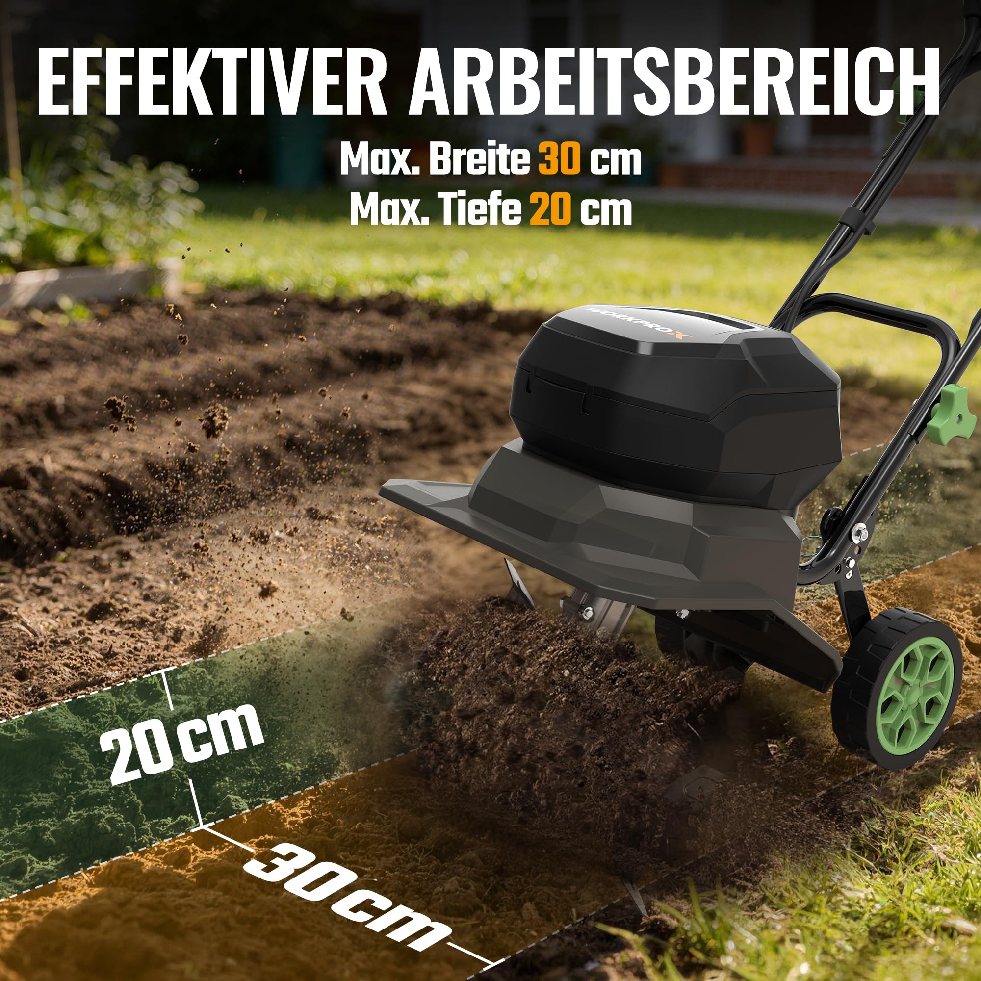 WORKPROX 40V Akku Gartenfräse, Motorhacke mit 2×4,0Ah Akku, Kabellos & Ölfrei, 30 cm Fräsbreite & 20 cm Arbeitstiefe, 4-Fach verstellbare Räder, Klappbarer Griff, Bodenfräse für Garten & Beet
