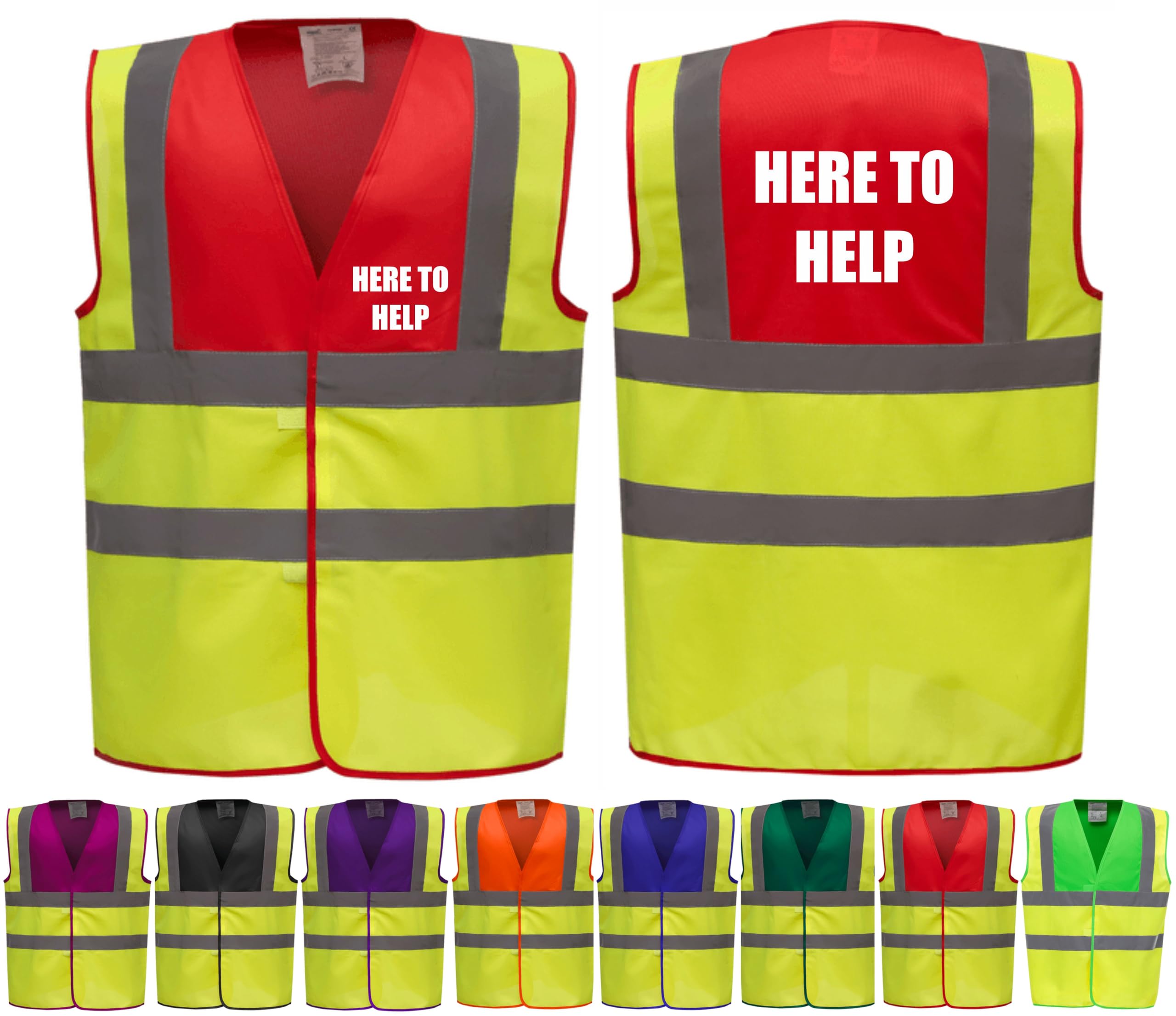 Brook Hi Vis Premium Two Tone Safety Vest - HERE TO HELP Printed Front & Back, Event Management High Viz Waistcoat, Available 8 Colours Hi Vis Vest (Yellow/Black, 3XL)