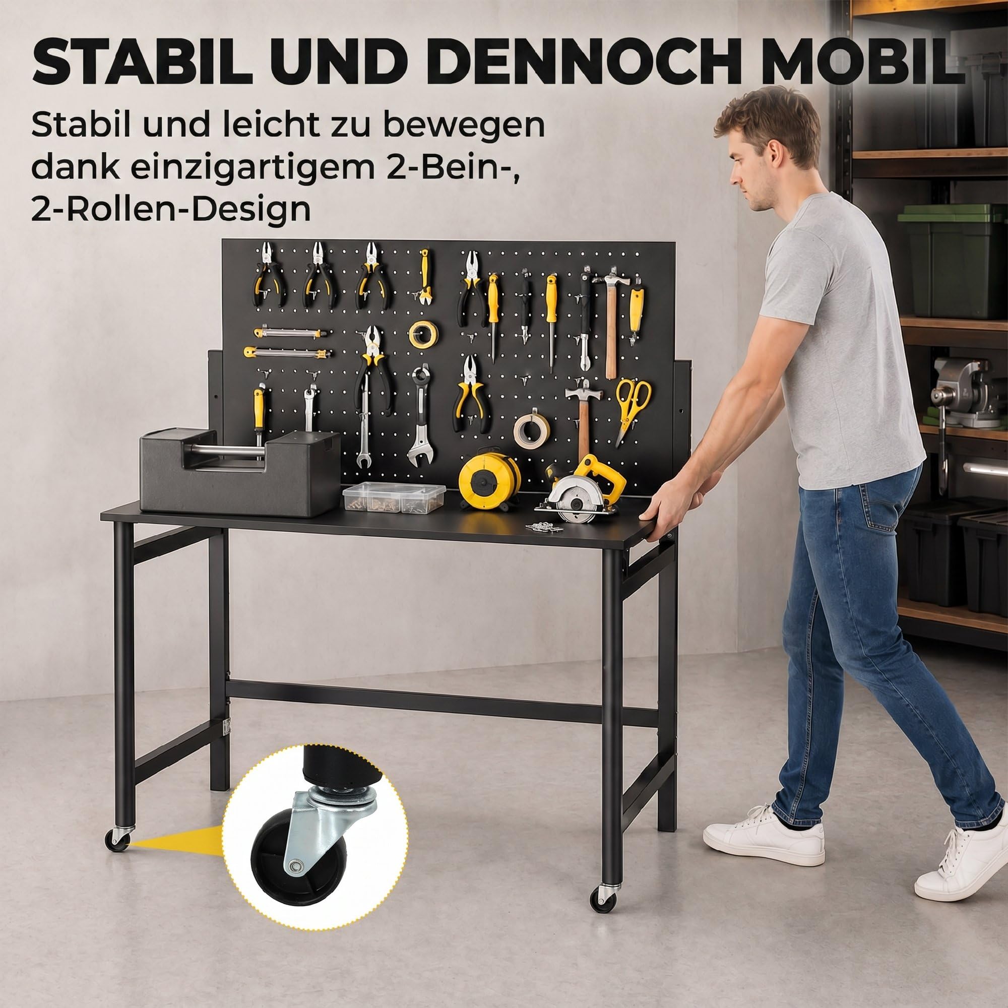 HOMCOM Werkbank mit Lochwand, 115 x 62 x 143,5 cm Klappbare Mobile Werkbank mit Rollen, Dicke Arbeitsplatte, Stahlrahmen, Haken, Werktisch für Garage, Holzwerkstatt, Schwarz