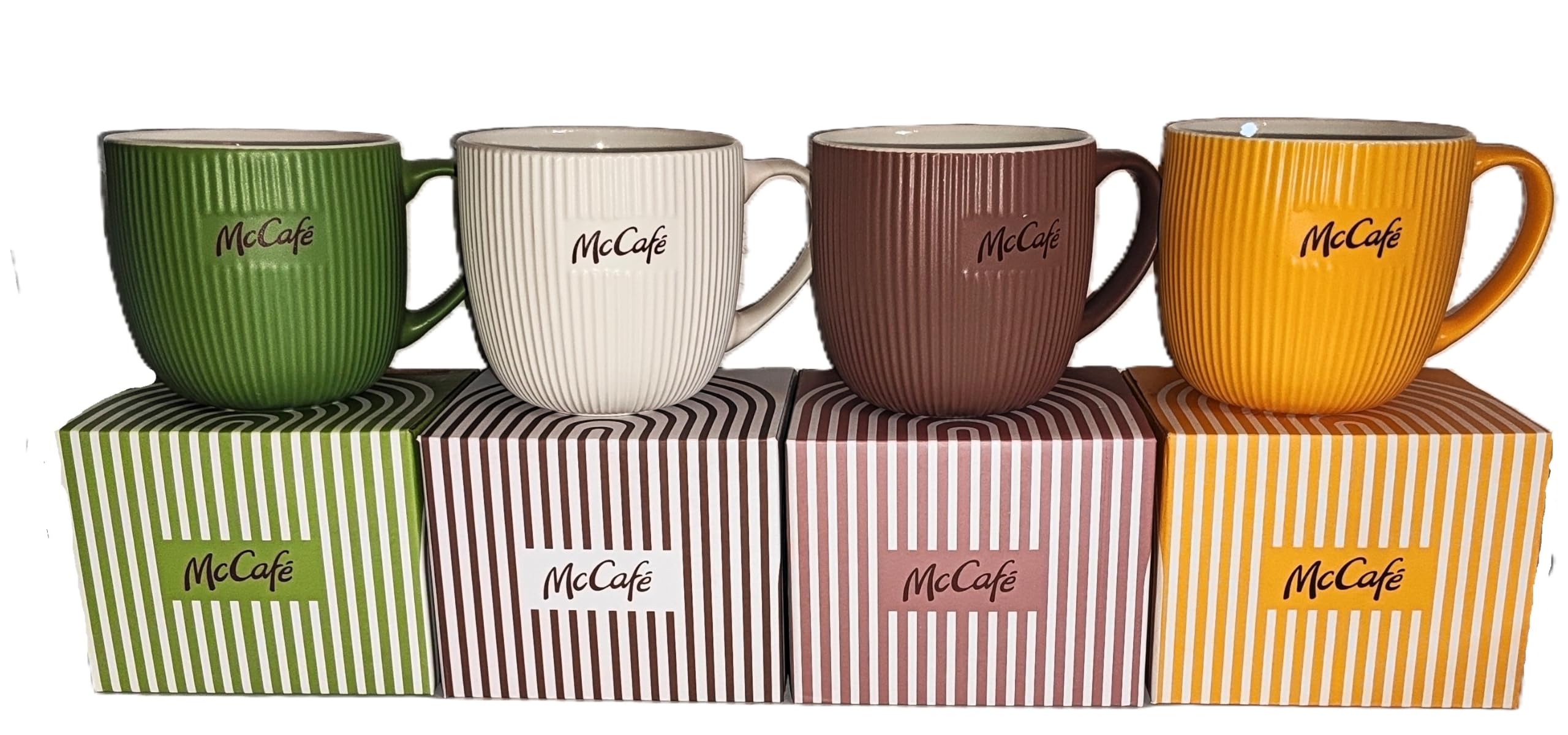 Rahm McCafé - Set di 4 tazze da caffè in ceramica con scatole originali, colore: verde, crema, marrone e giallo, McDonald's McCafe